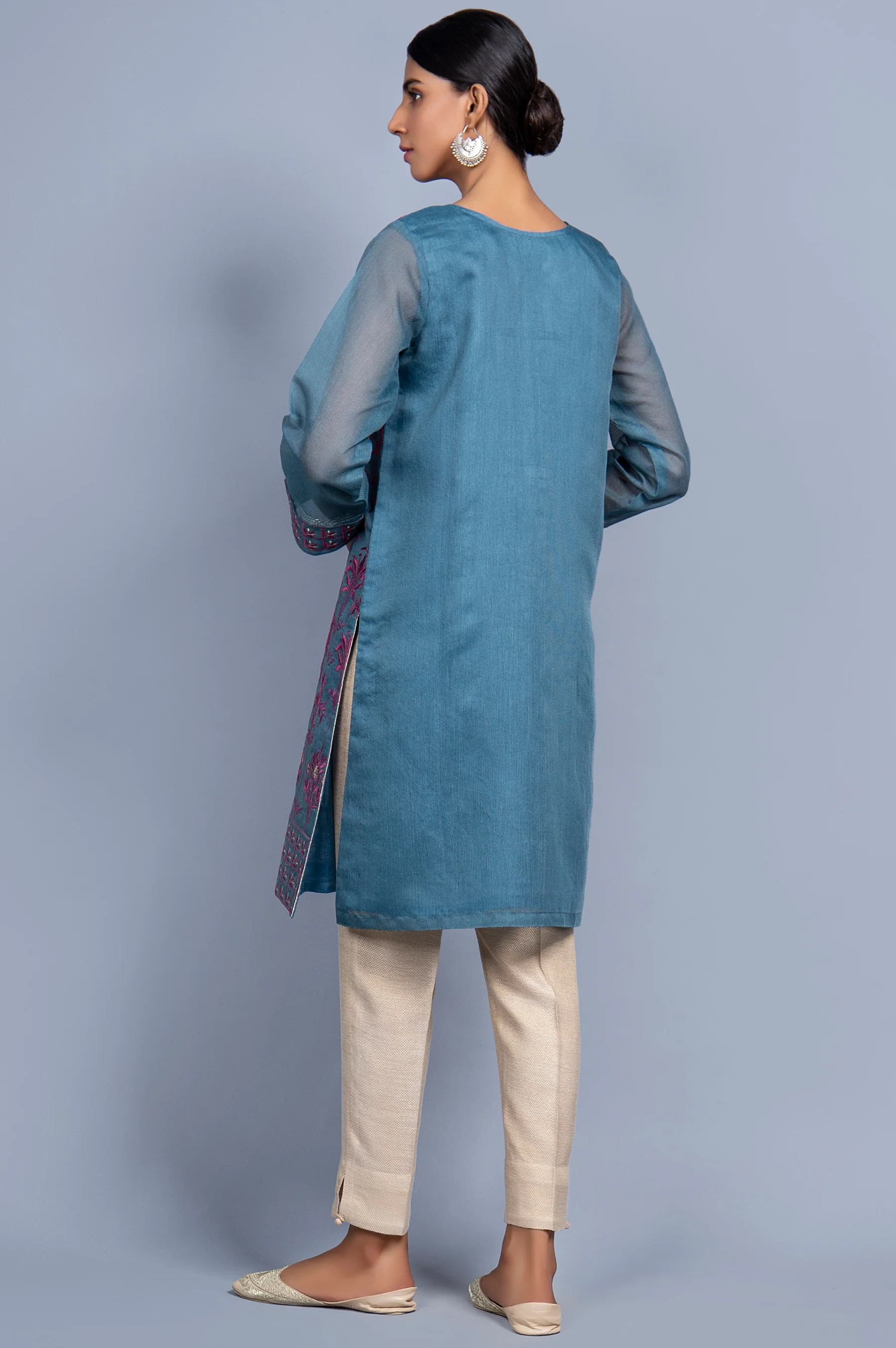 Stitched 1 Piece Organza Striped Embroidered Shirt - Image 2