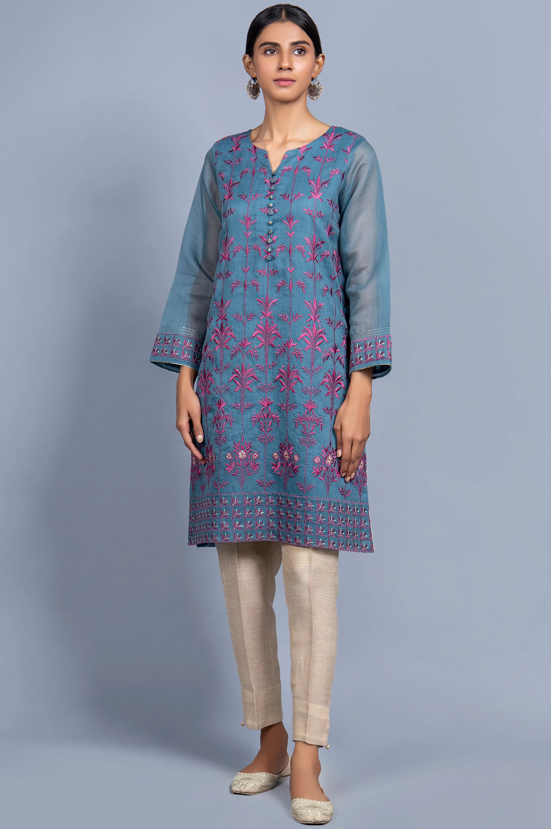 Stitched 1 Piece Organza Striped Embroidered Shirt - Image 3