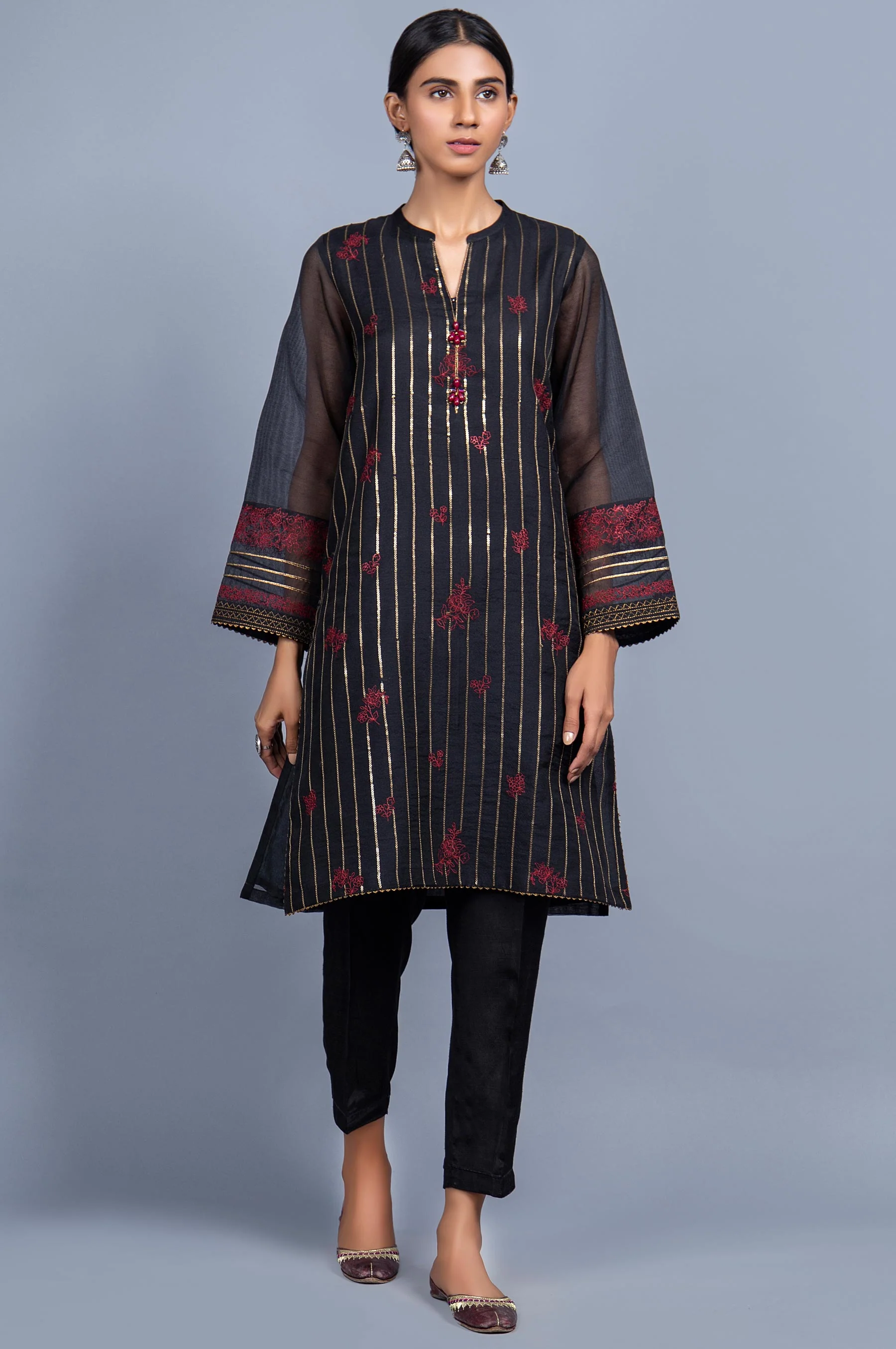 Stitched 1 Piece Organza Striped Embroidered Shirt - Image 3