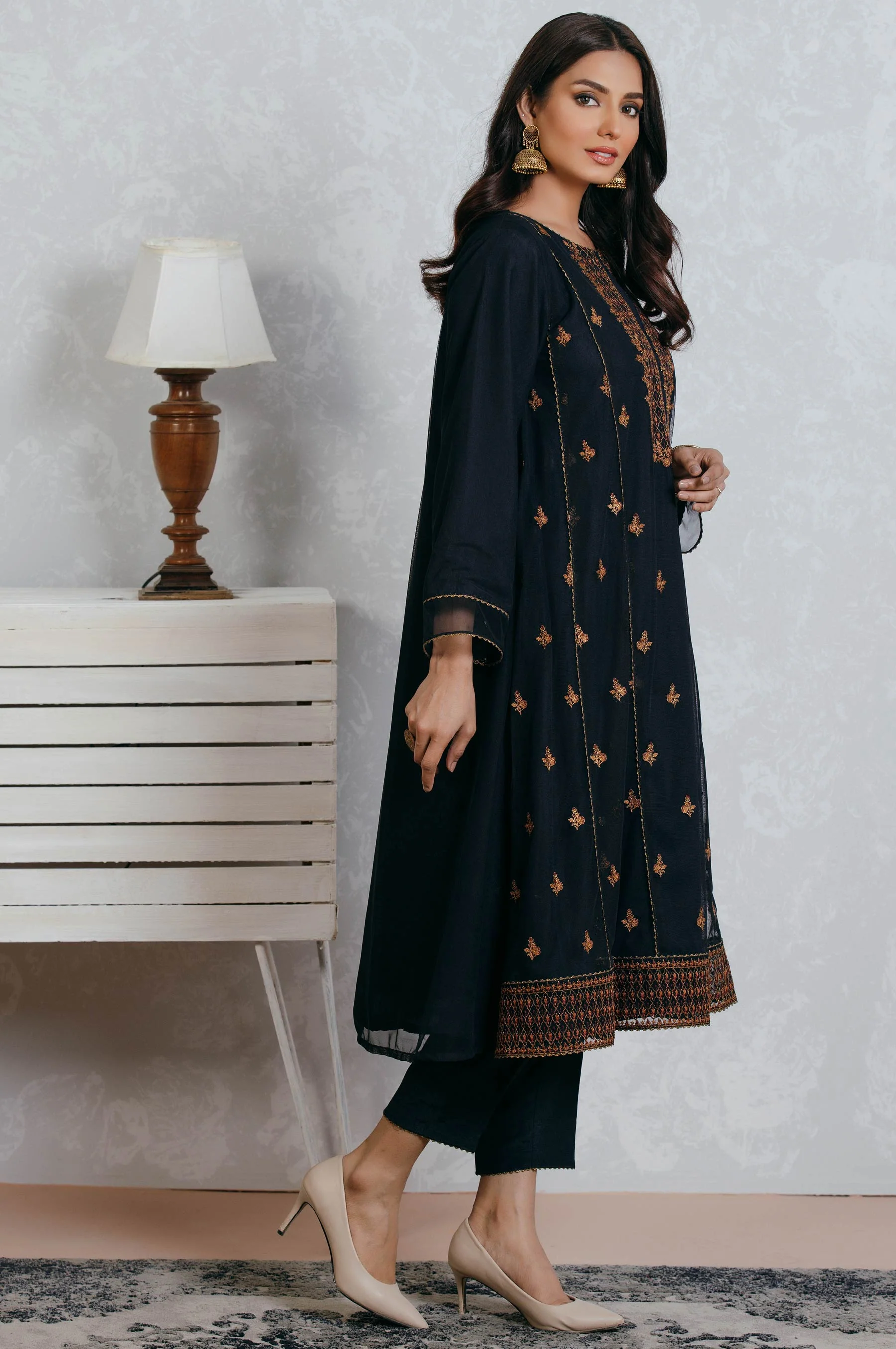 Stitched 1 Piece Poly net Embroidered Suit - Image 2