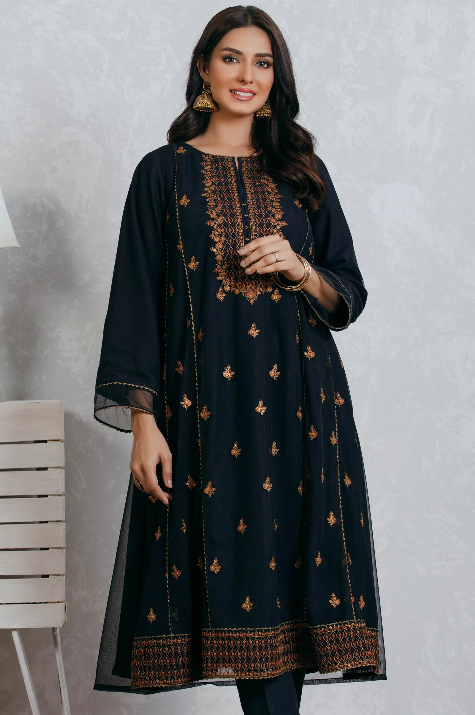 Stitched 1 Piece Poly net Embroidered Suit - Image 5