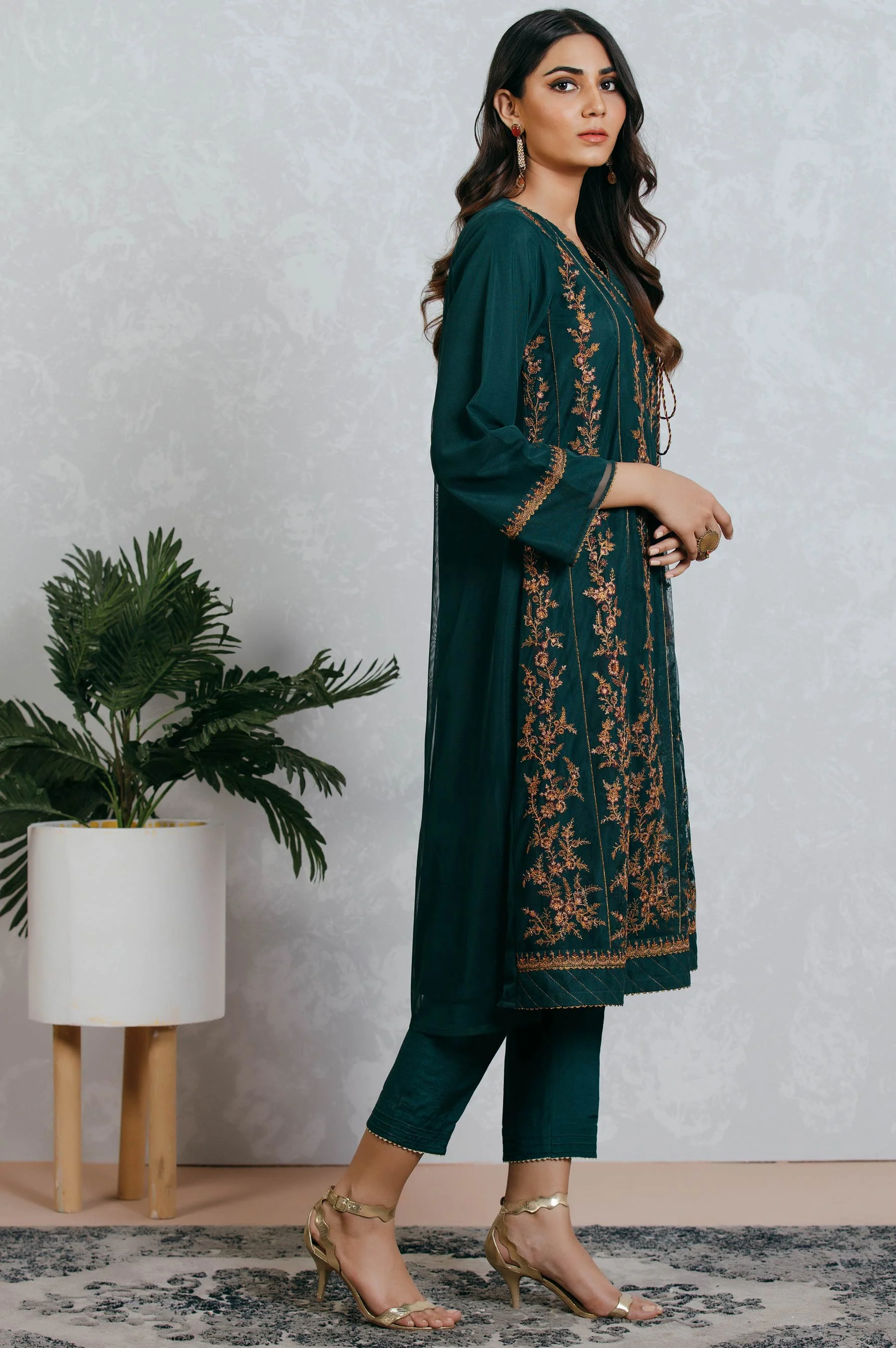 Stitched 1 Piece Net Embroidered Angrakah Shirt - Image 2