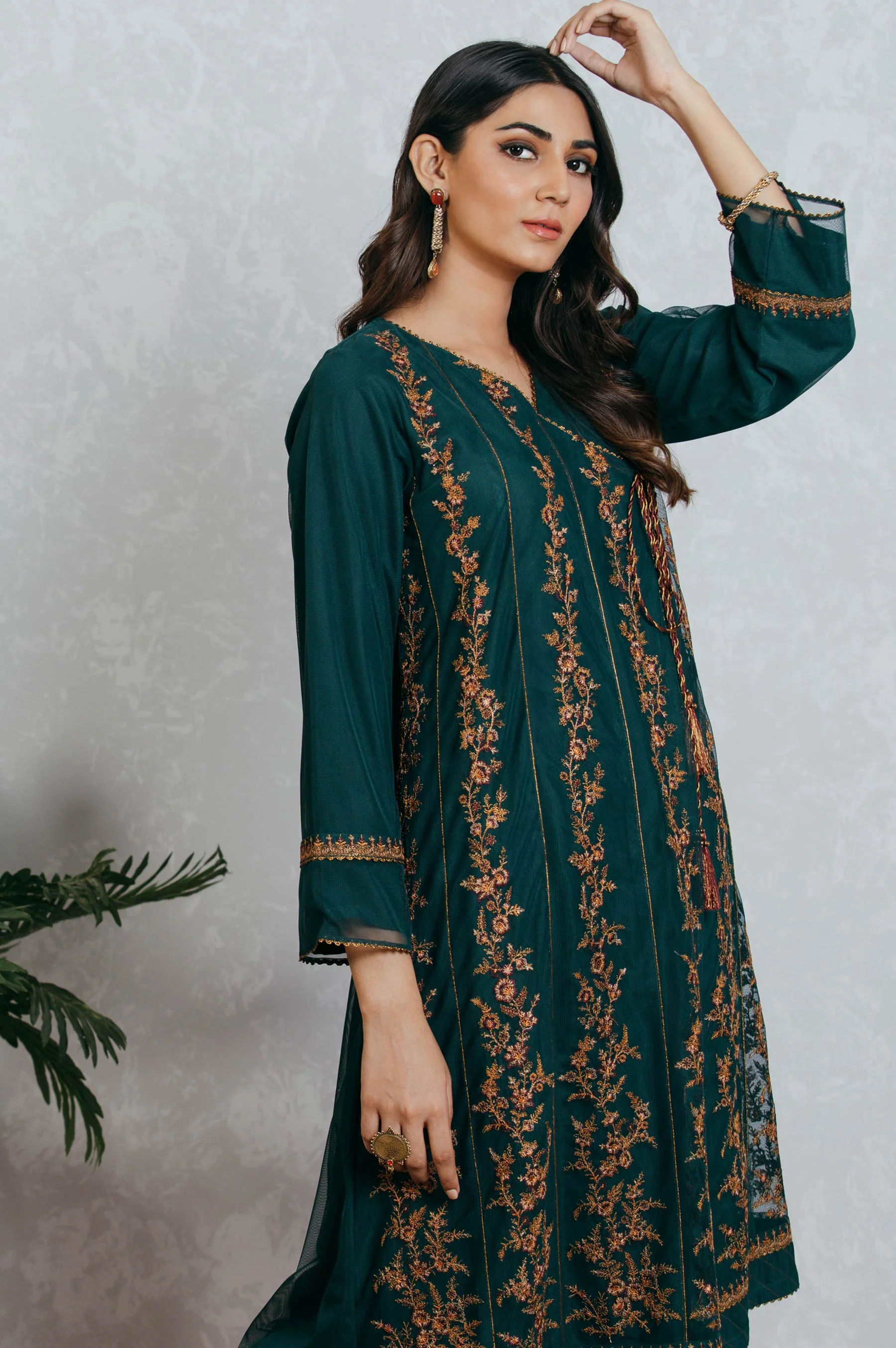 Stitched 1 Piece Net Embroidered Angrakah Shirt - Image 3