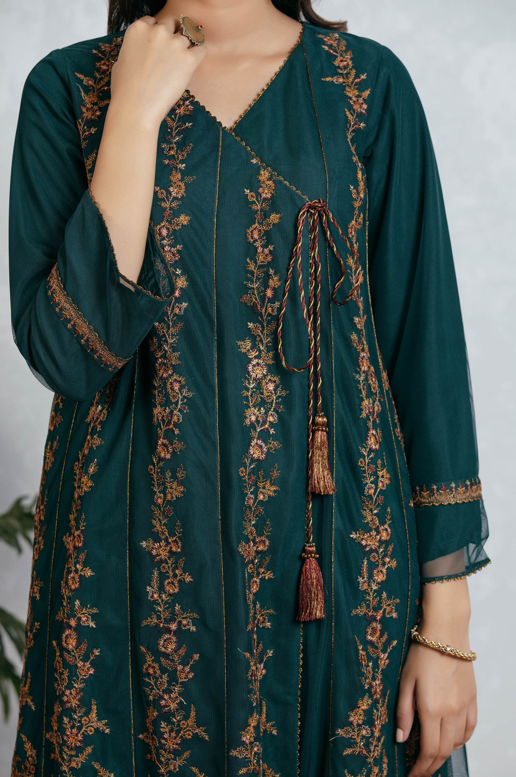 Stitched 1 Piece Net Embroidered Angrakah Shirt - Image 4