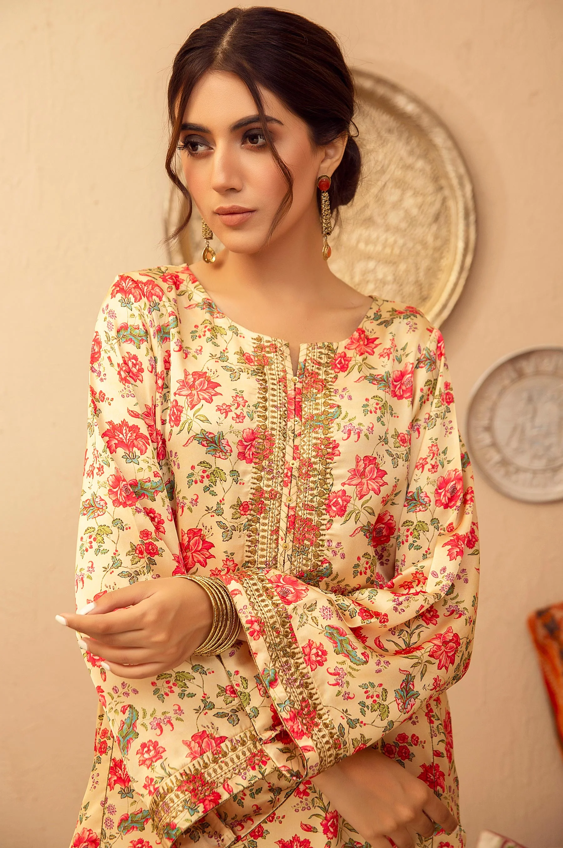 Stitched 1 Piece Poly Satin Embroidered Shirt - Image 2