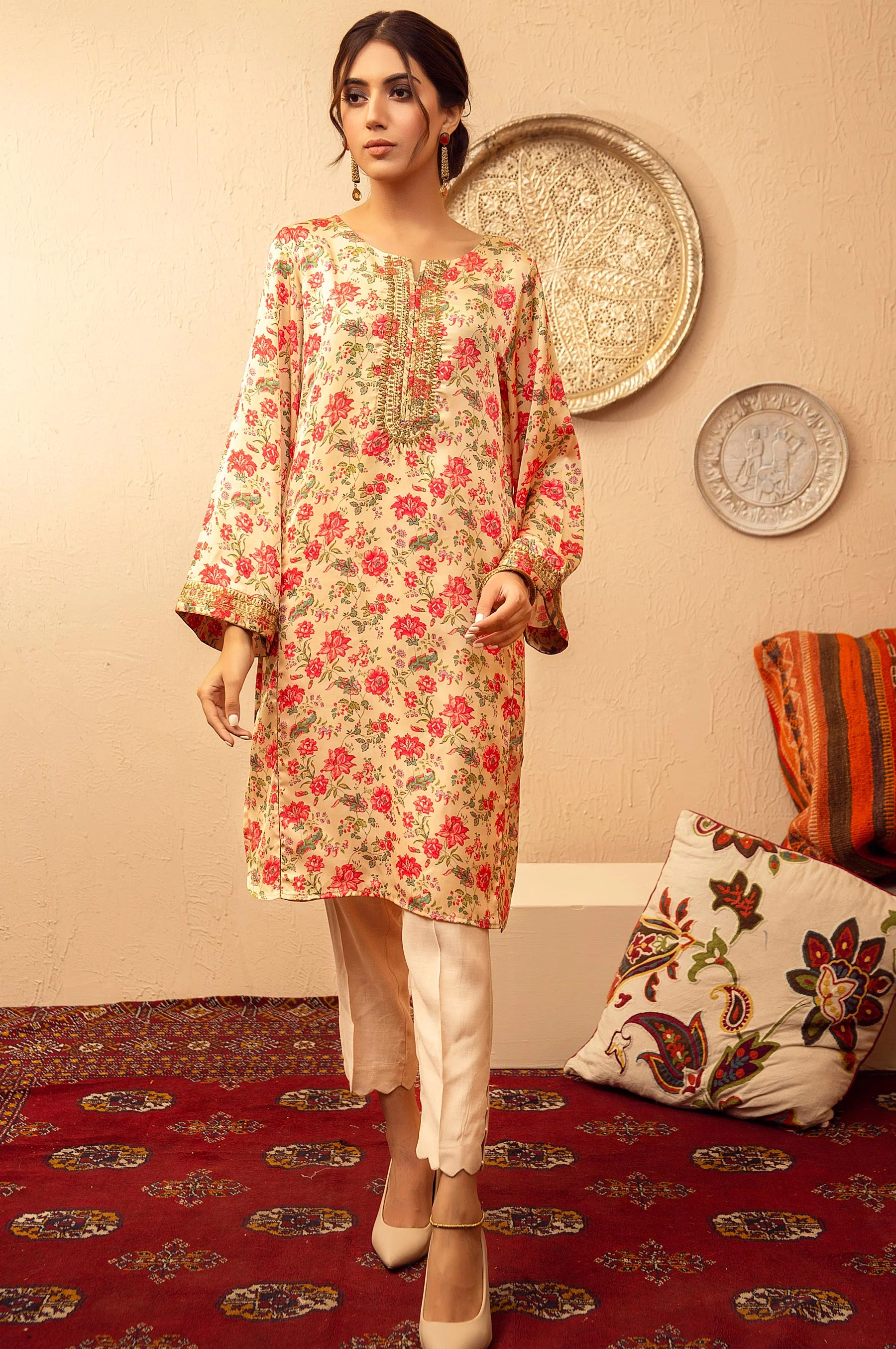 Stitched 1 Piece Poly Satin Embroidered Shirt - Image 3