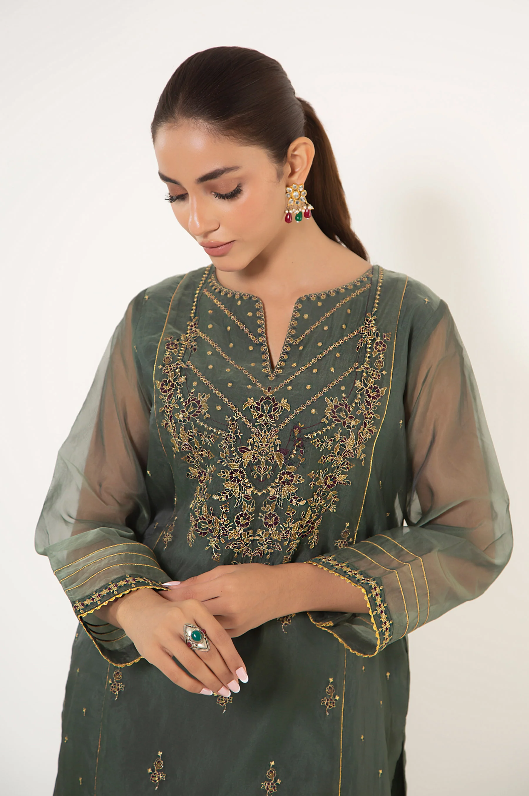 Stitched 1 Piece Embroidered Organza Shirt - Image 2