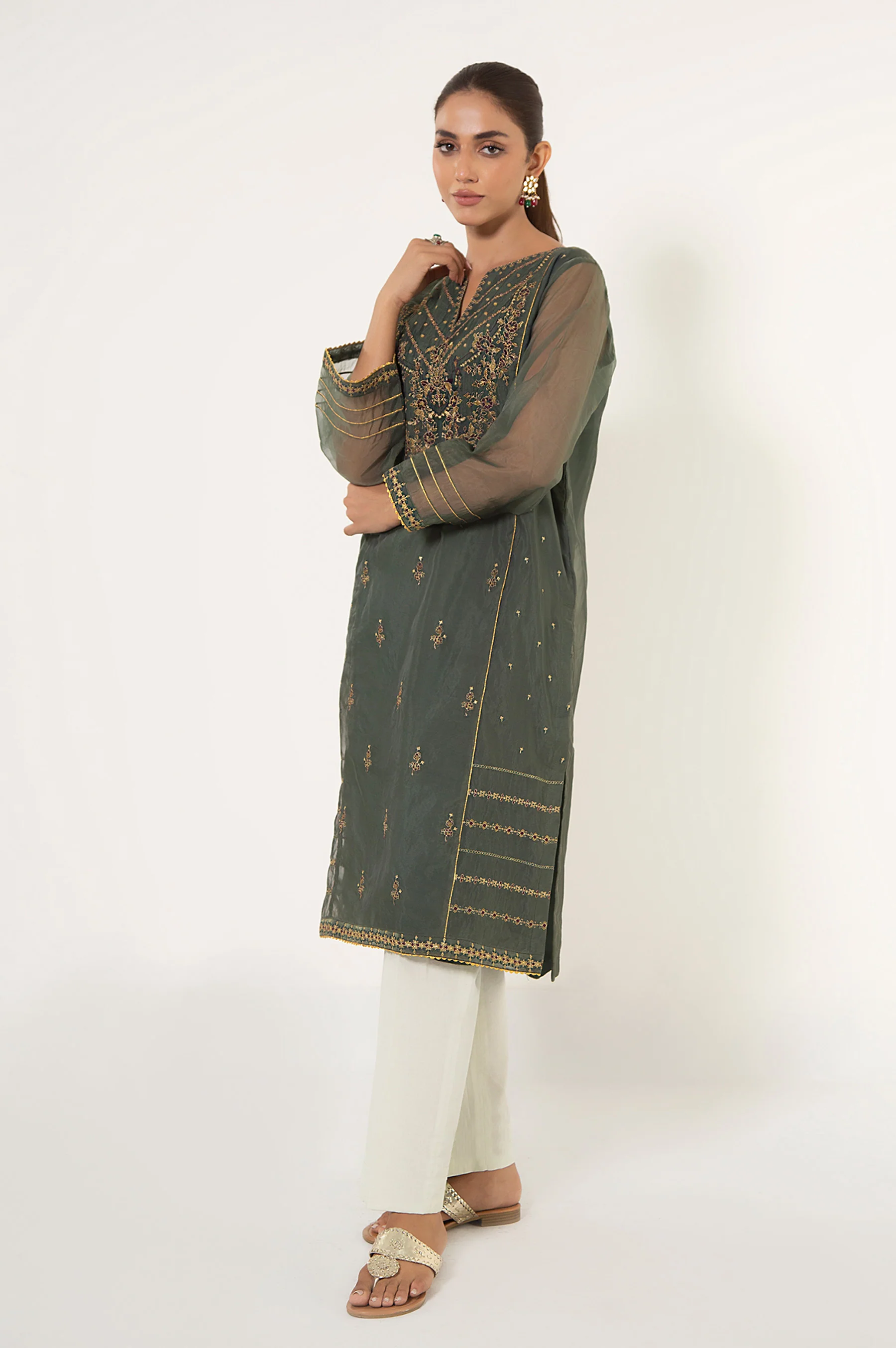 Stitched 1 Piece Embroidered Organza Shirt - Image 3