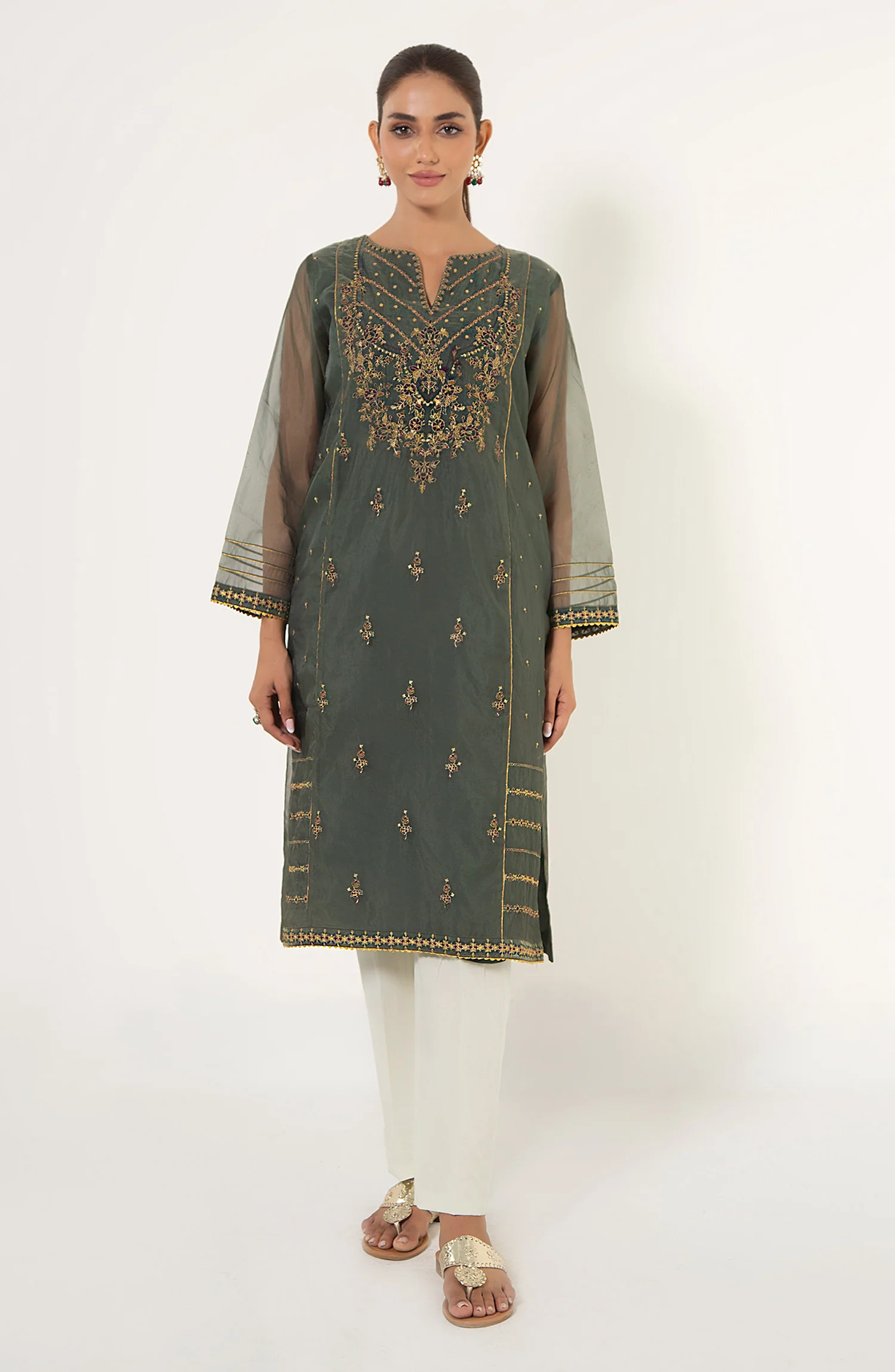 Stitched 1 Piece Embroidered Organza Shirt - Image 5