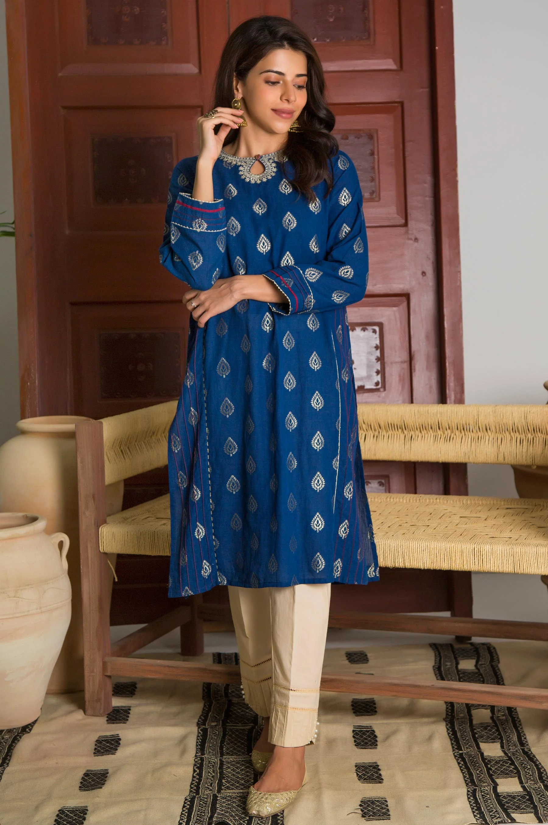 Stitched 1 Piece Satin jacquard Embroidered Shirt - Image 2