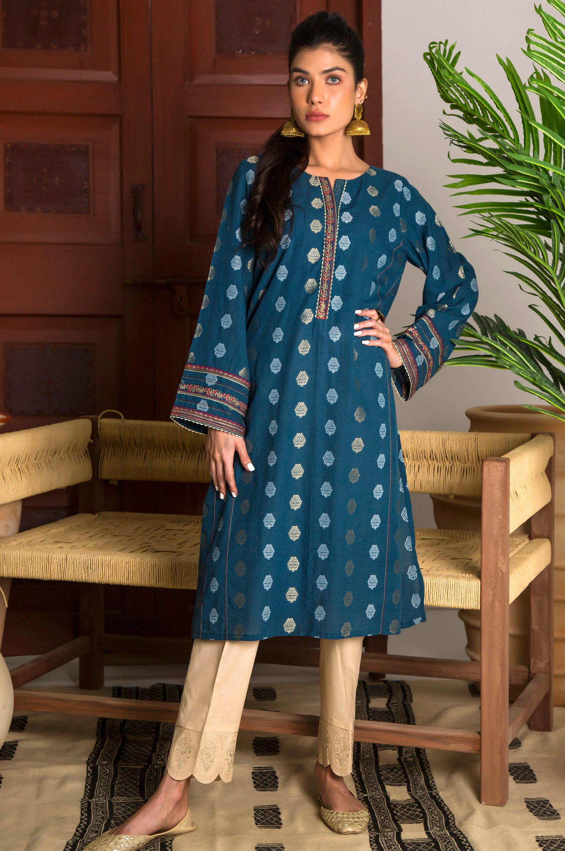 Stitched 1 Piece Satin Jacquard Embroidered Top - Image 2