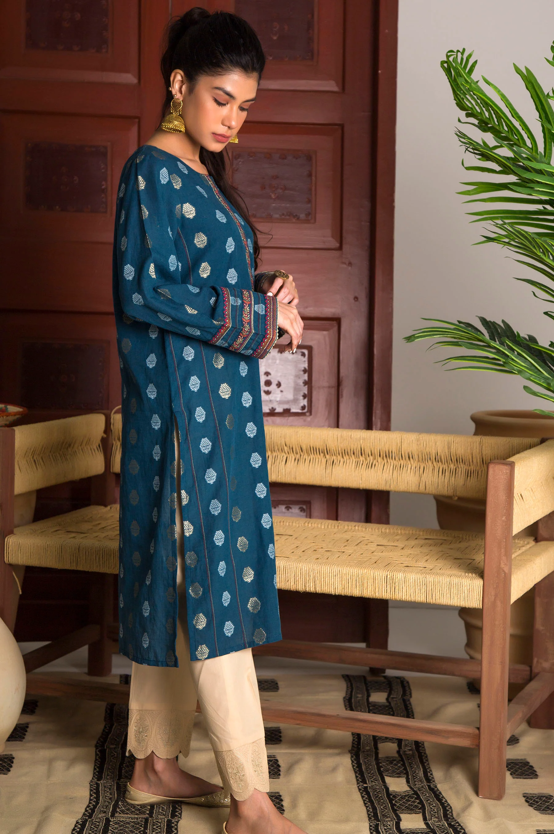 Stitched 1 Piece Satin Jacquard Embroidered Top - Image 3