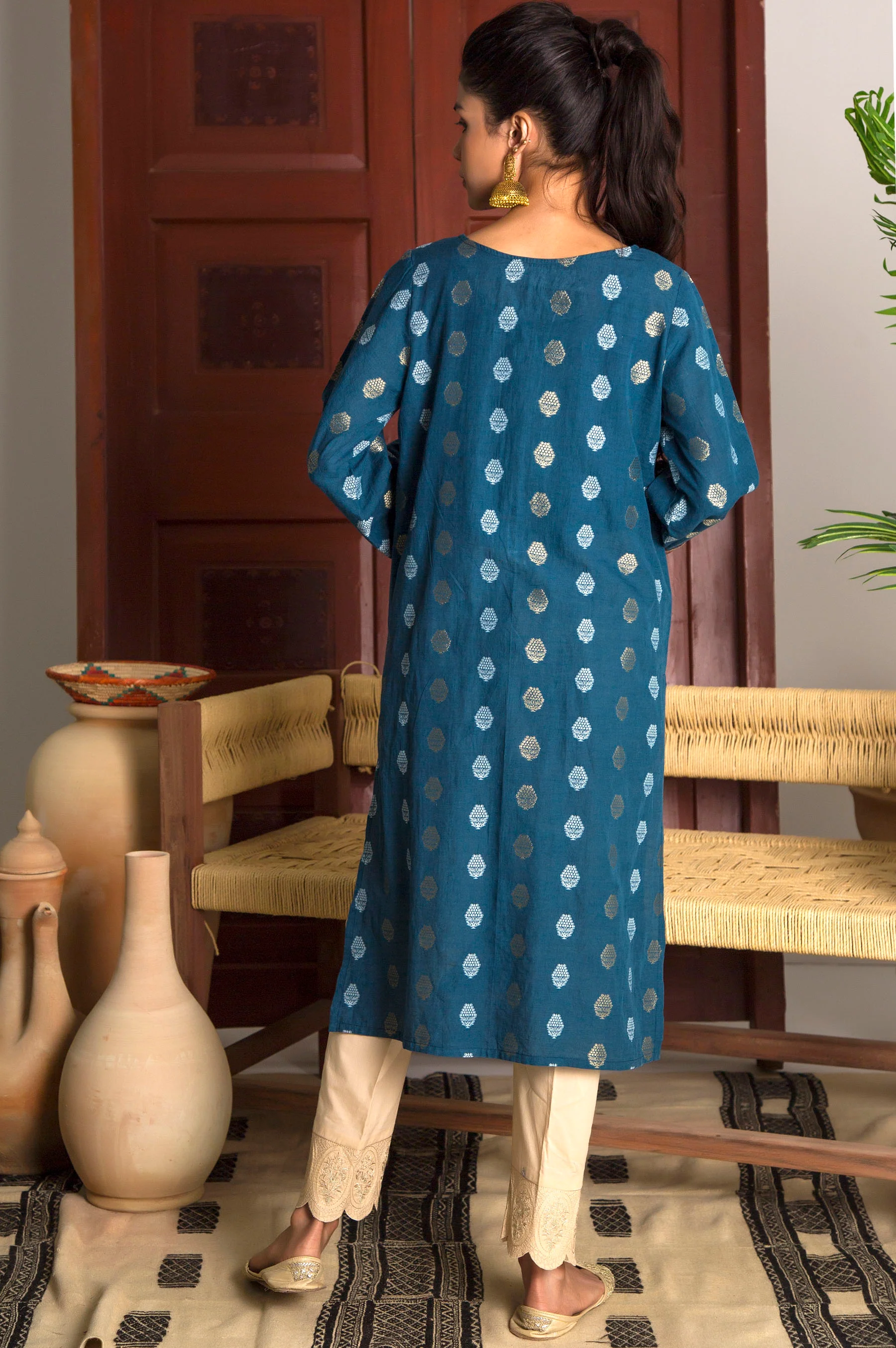 Stitched 1 Piece Satin Jacquard Embroidered Top - Image 4