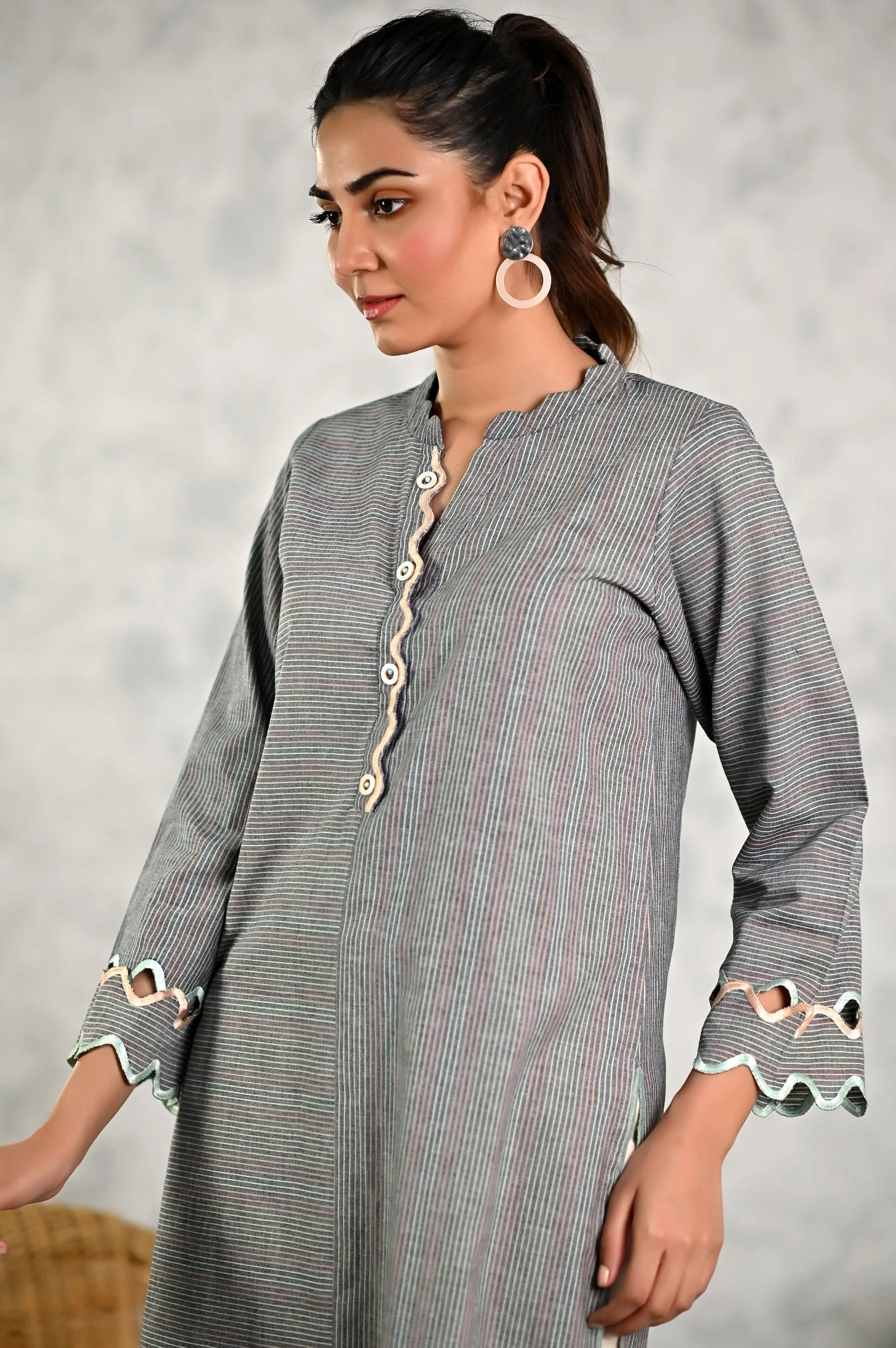 Stitched 1 Piece Embroidered Yarn Dyed Striped Shirt - Image 2