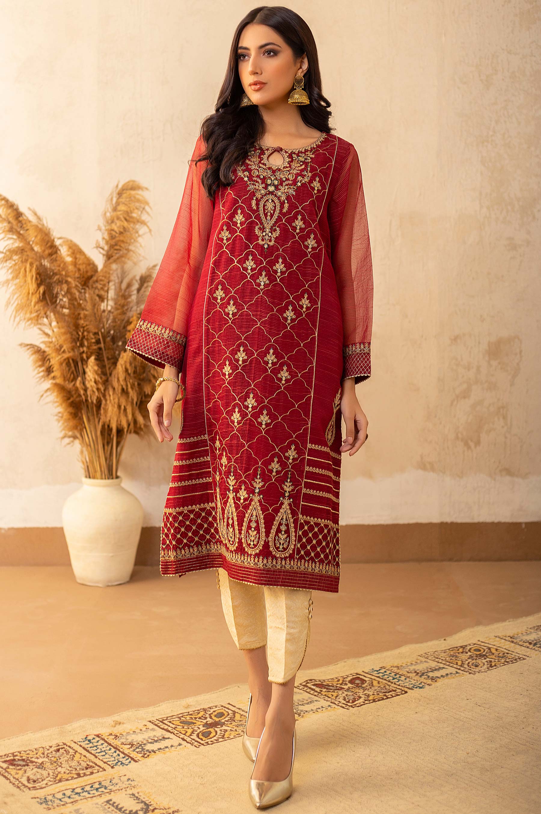 Stitched 1 Piece Textured Organza Embroidered Shirt