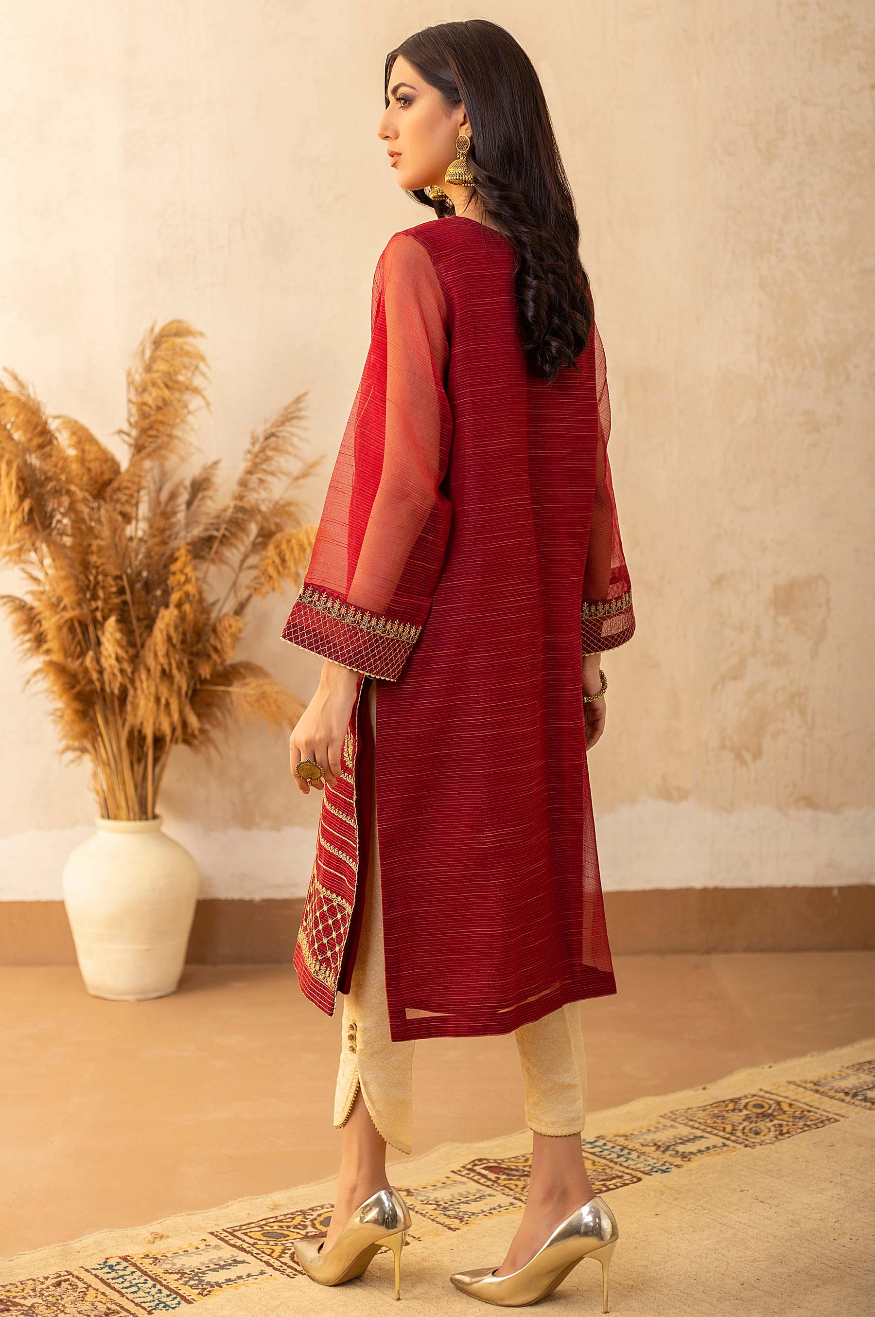 Stitched 1 Piece Textured Organza Embroidered Shirt - Image 3