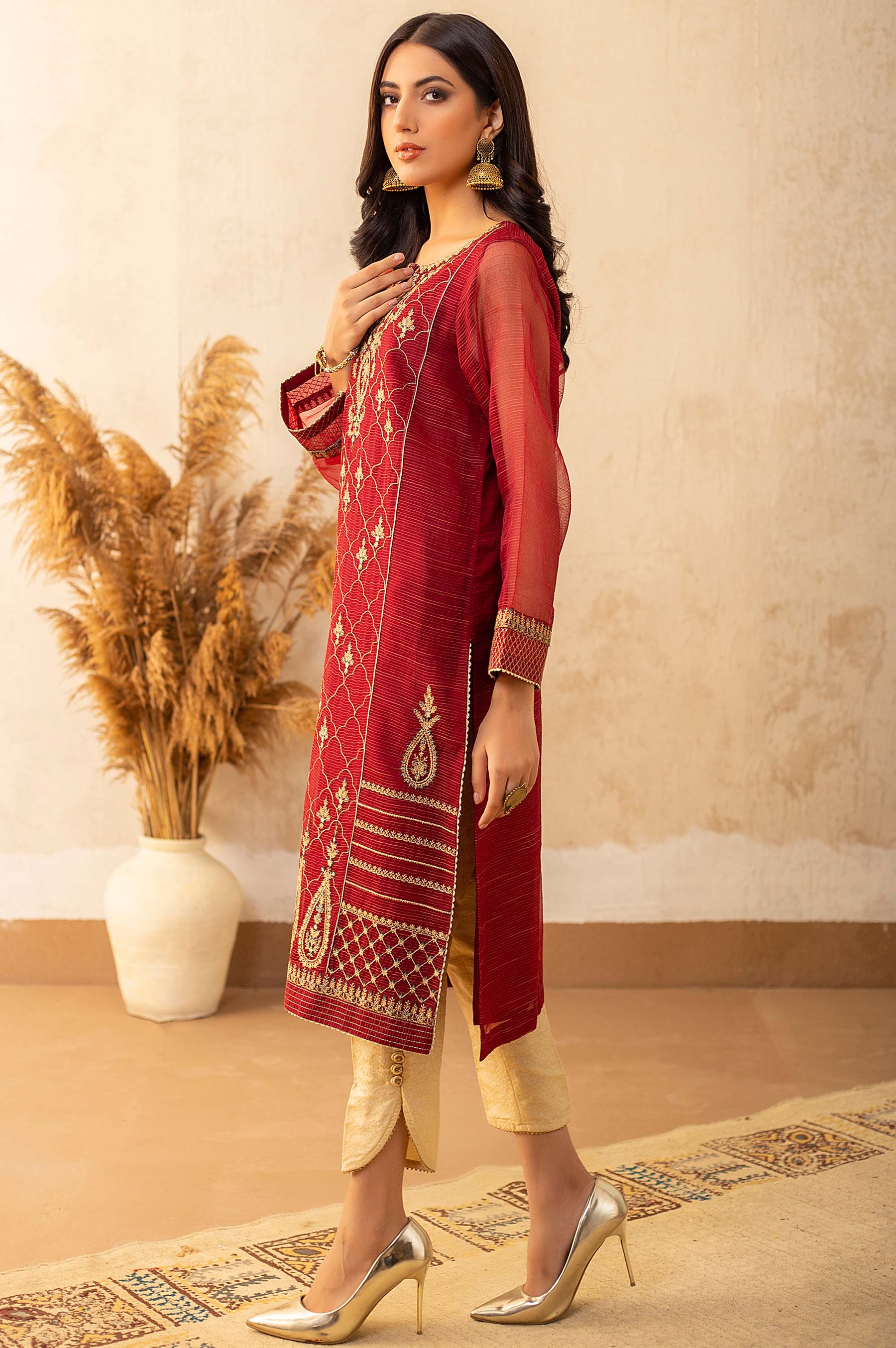 Stitched 1 Piece Textured Organza Embroidered Shirt - Image 4