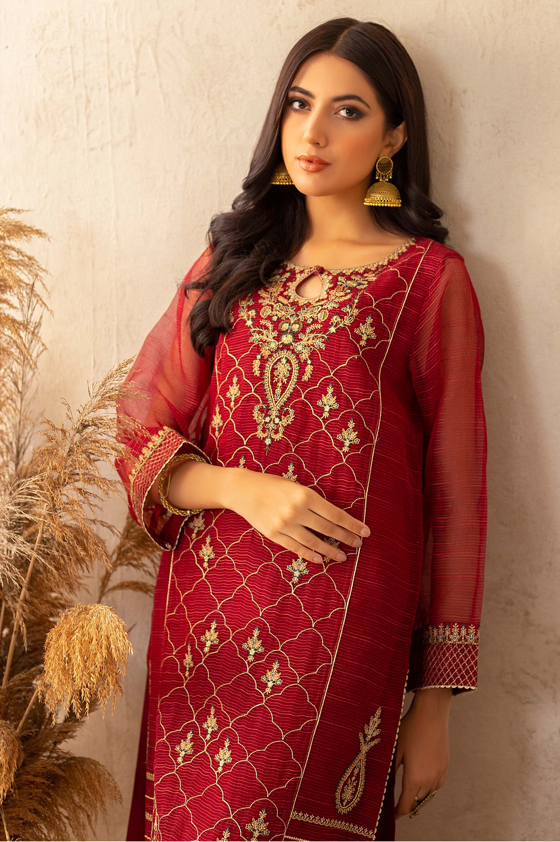 Stitched 1 Piece Textured Organza Embroidered Shirt - Image 6
