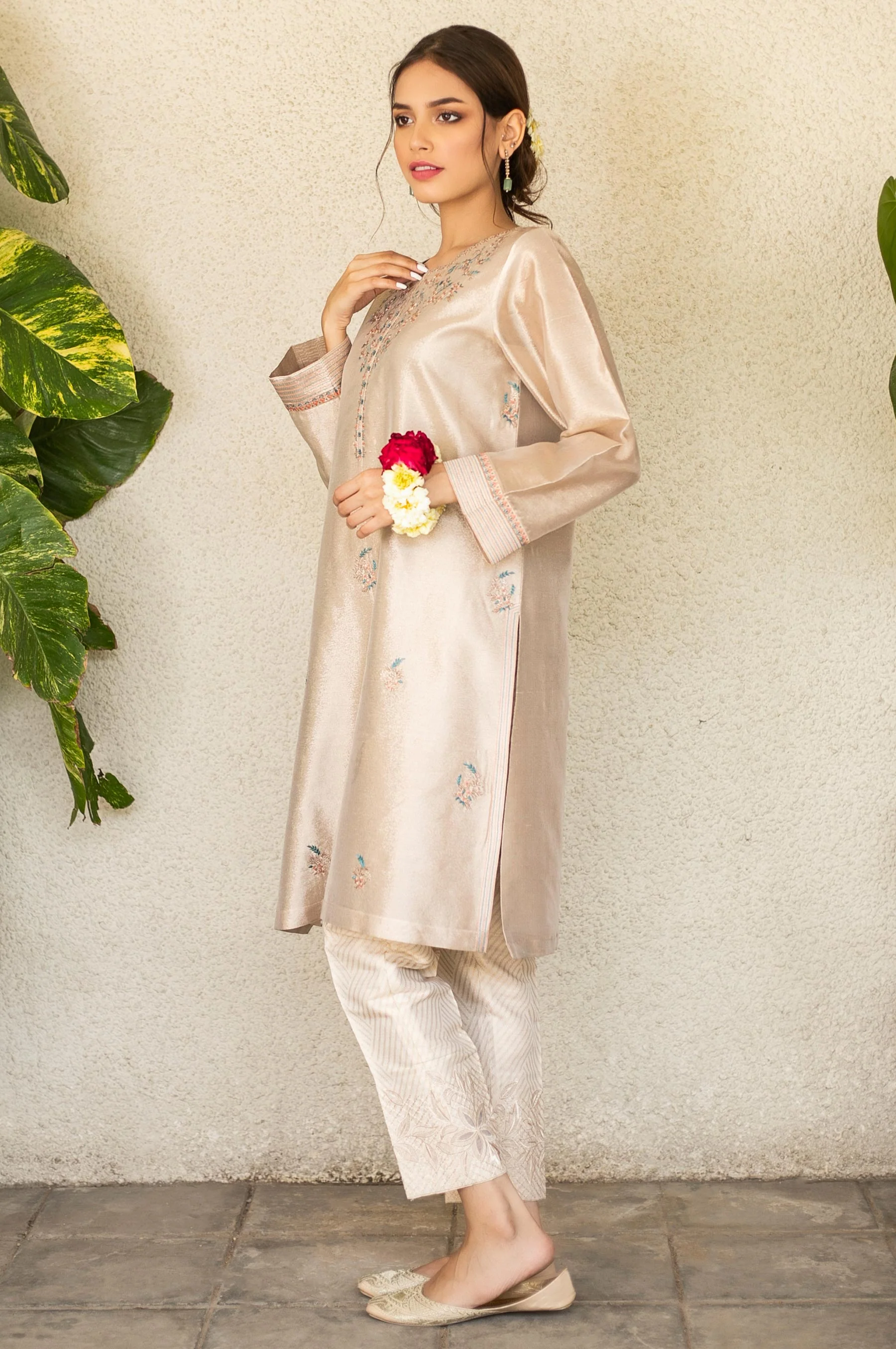 Stitched 1 Piece Tissue Zari Embroidered Shirt - Image 4