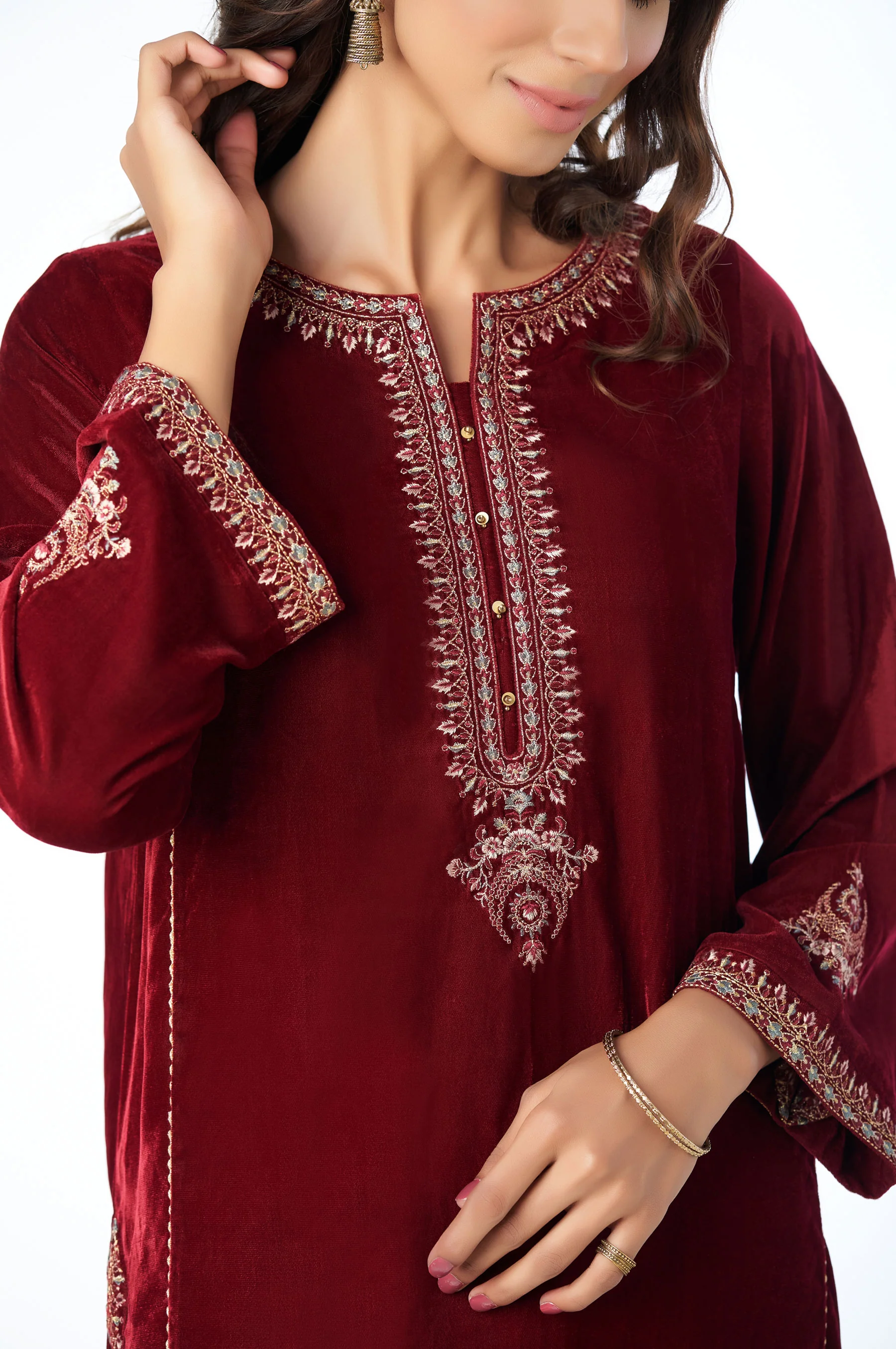 Stitched 1 Piece Velvet Embroidered Shirt - Image 3