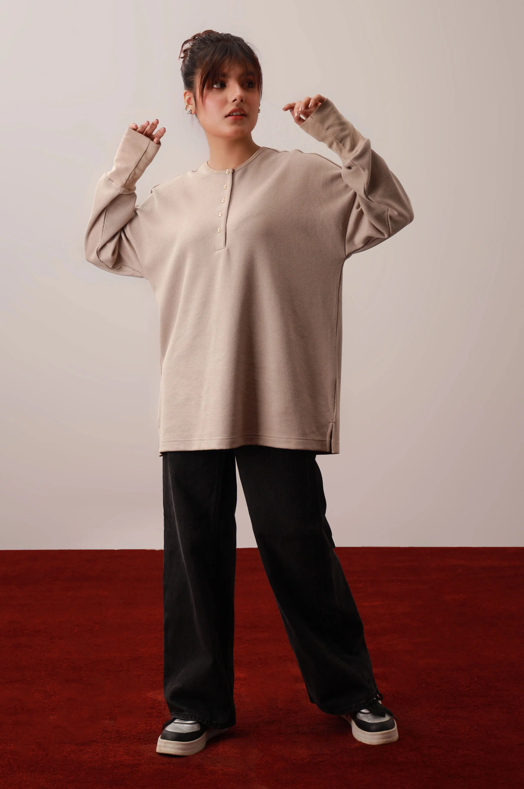 Beige Round Neck Western Top