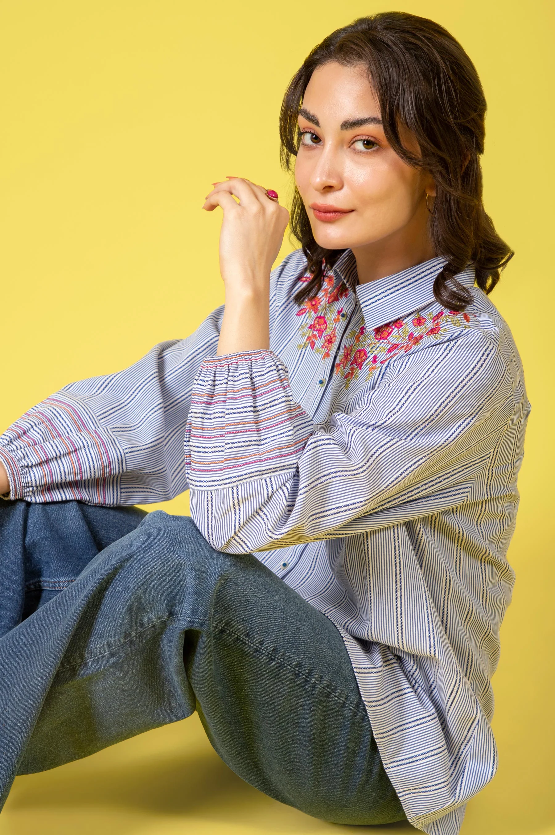 Stitched 1 Piece Embroidered Yarn Dyed Shirt - Image 3