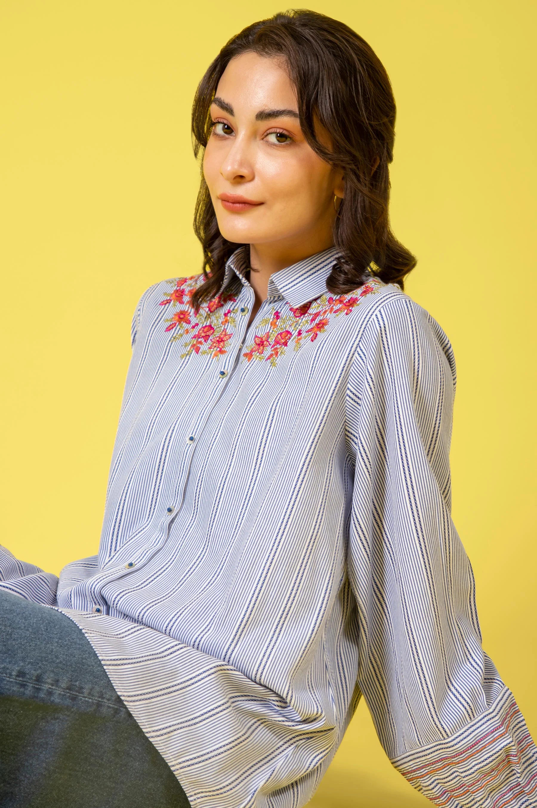 Stitched 1 Piece Embroidered Yarn Dyed Shirt - Image 6