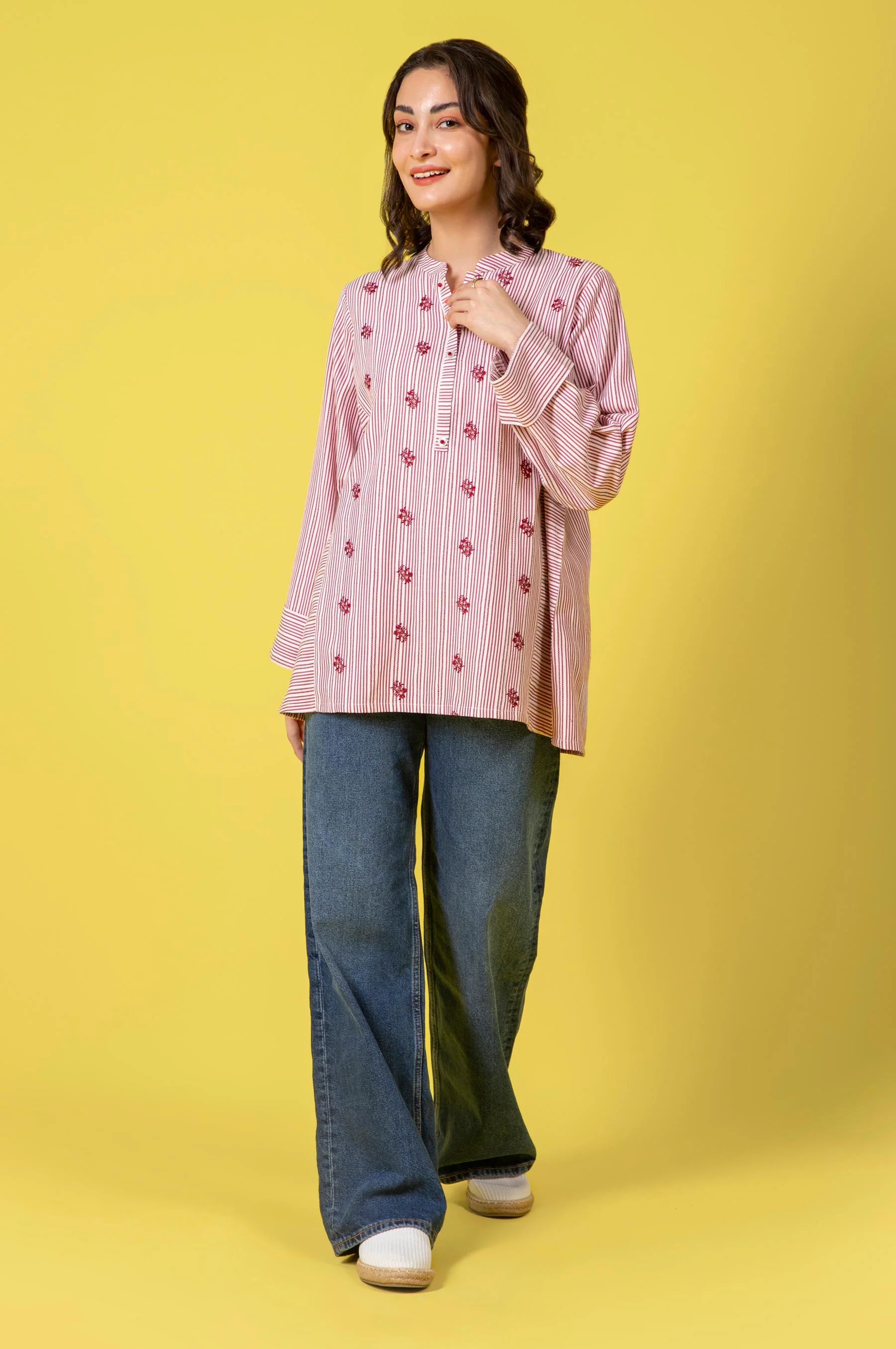 Stitched 1 Piece Embroidered Yarn Dyed Shirt - Image 2