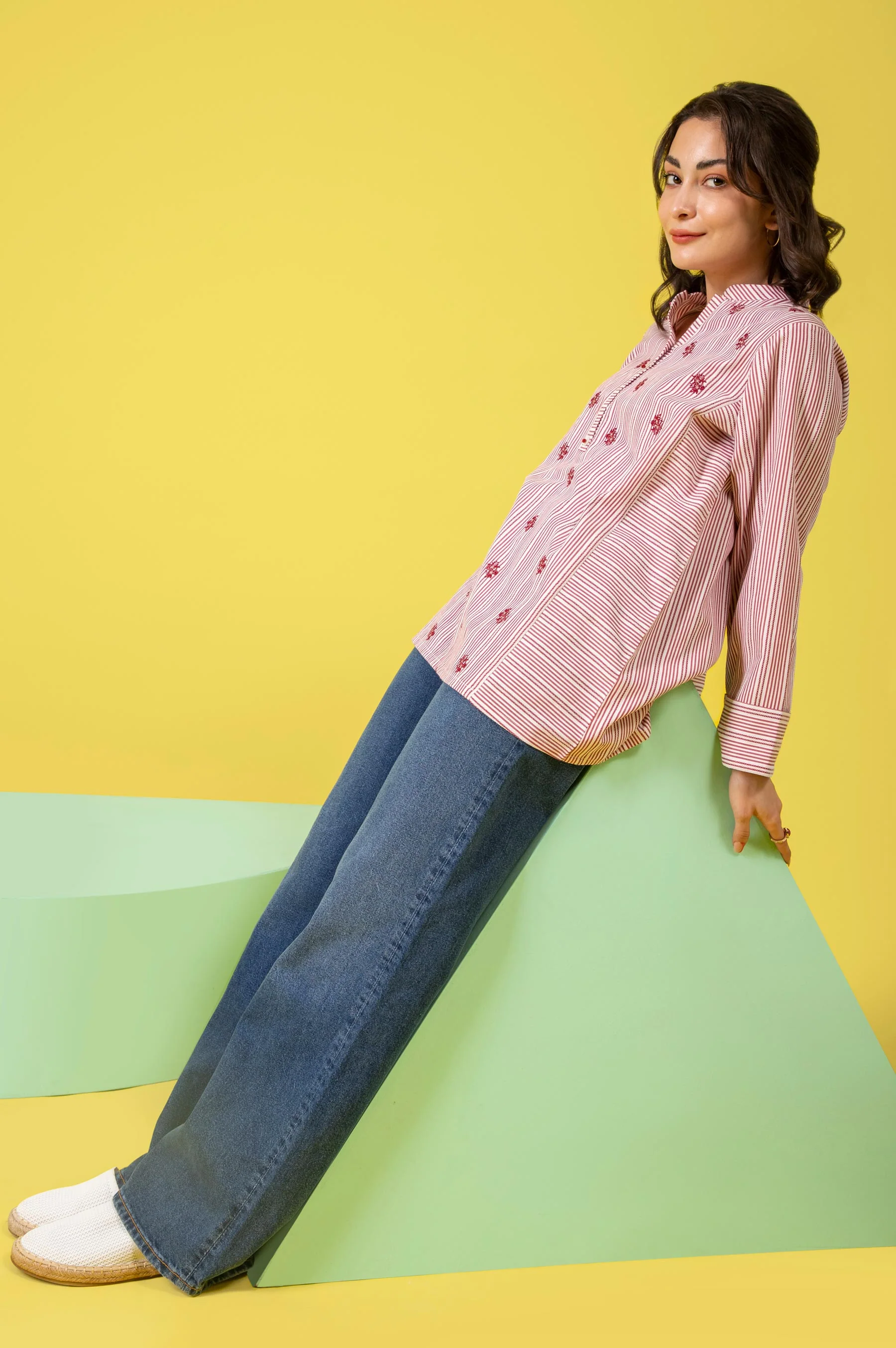 Stitched 1 Piece Embroidered Yarn Dyed Shirt - Image 4