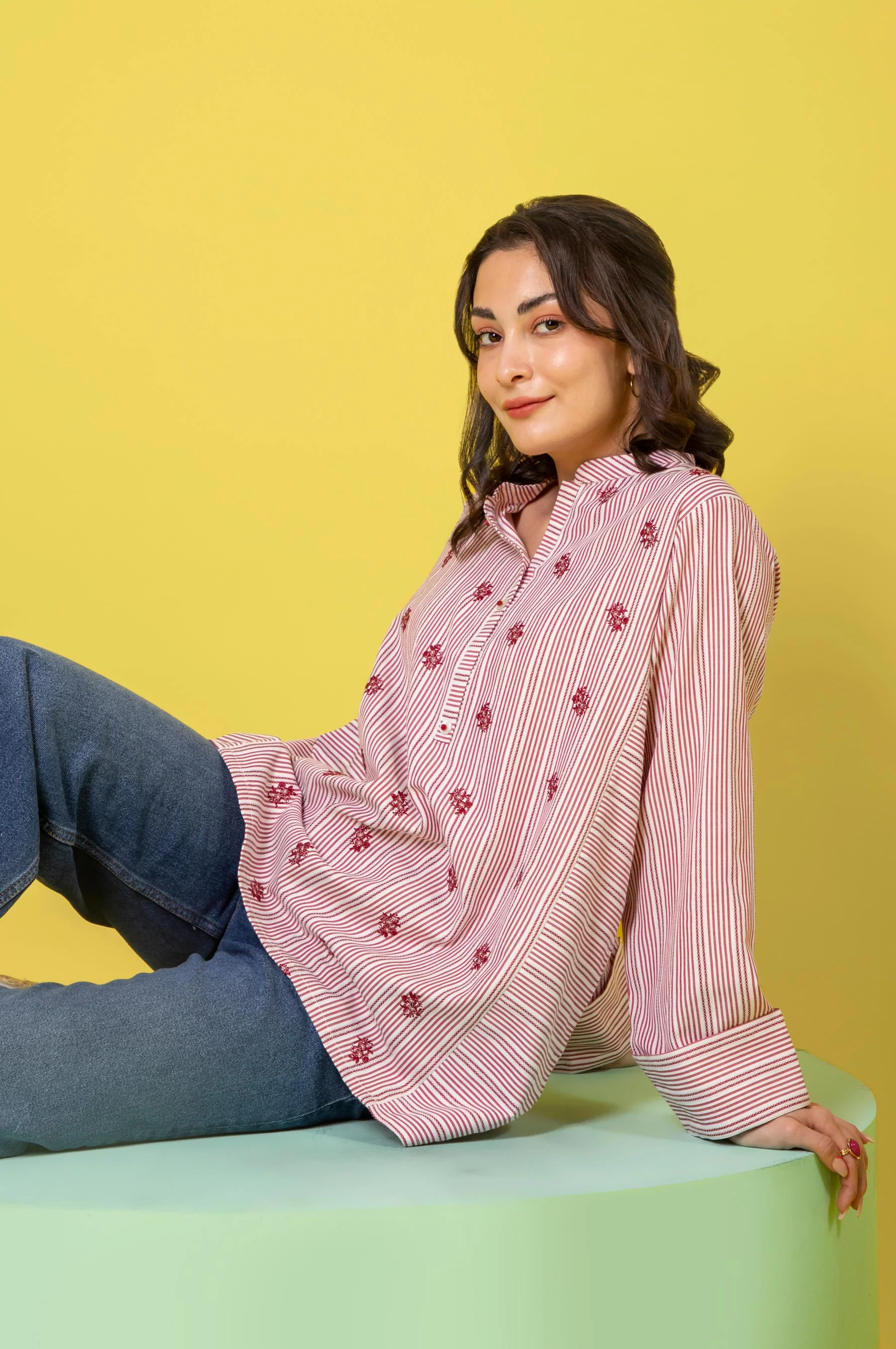 Stitched 1 Piece Embroidered Yarn Dyed Shirt - Image 6