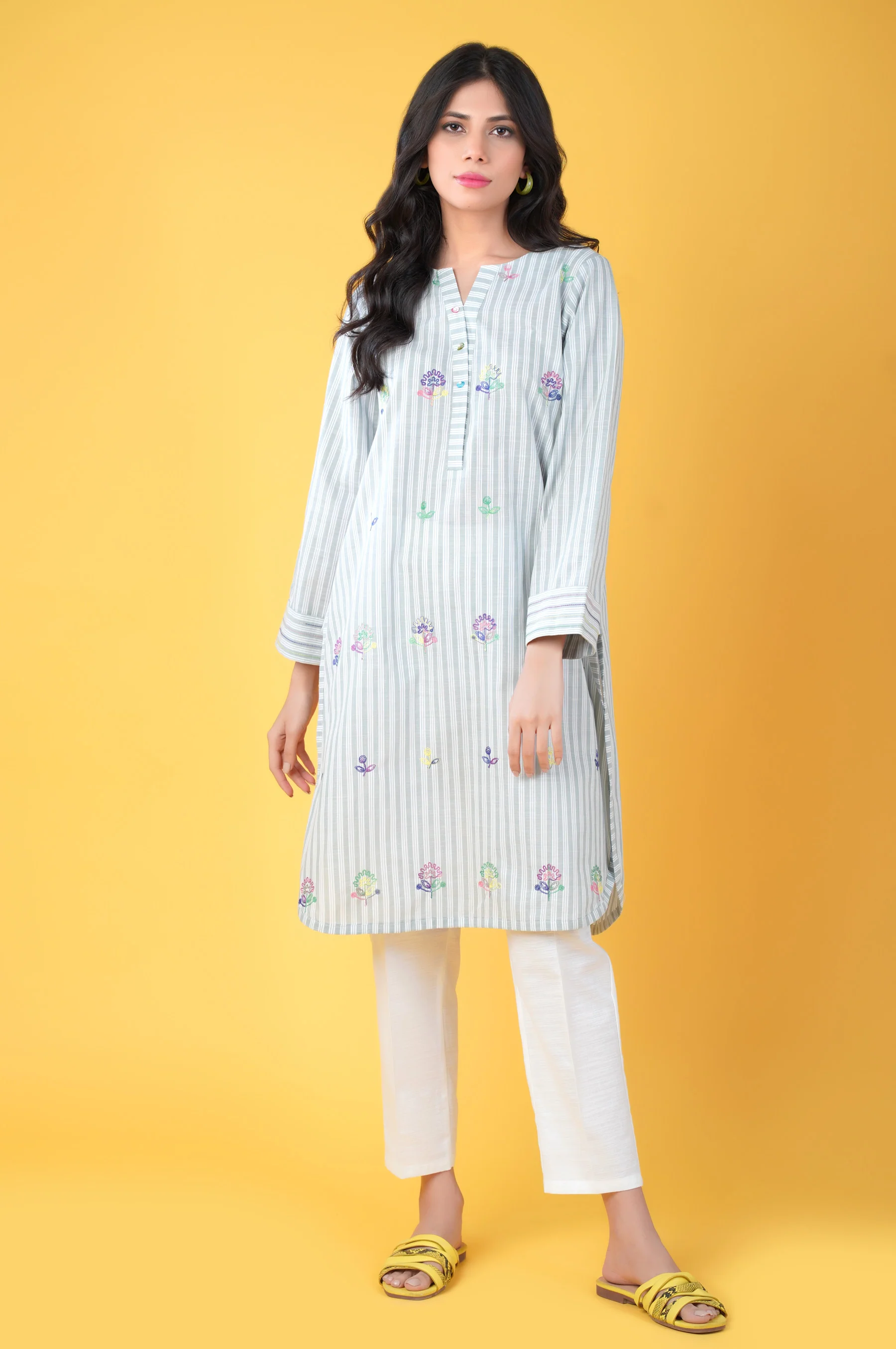 Stitched 1 Piece Embroidered Yarn Dyed Shirt - Image 2