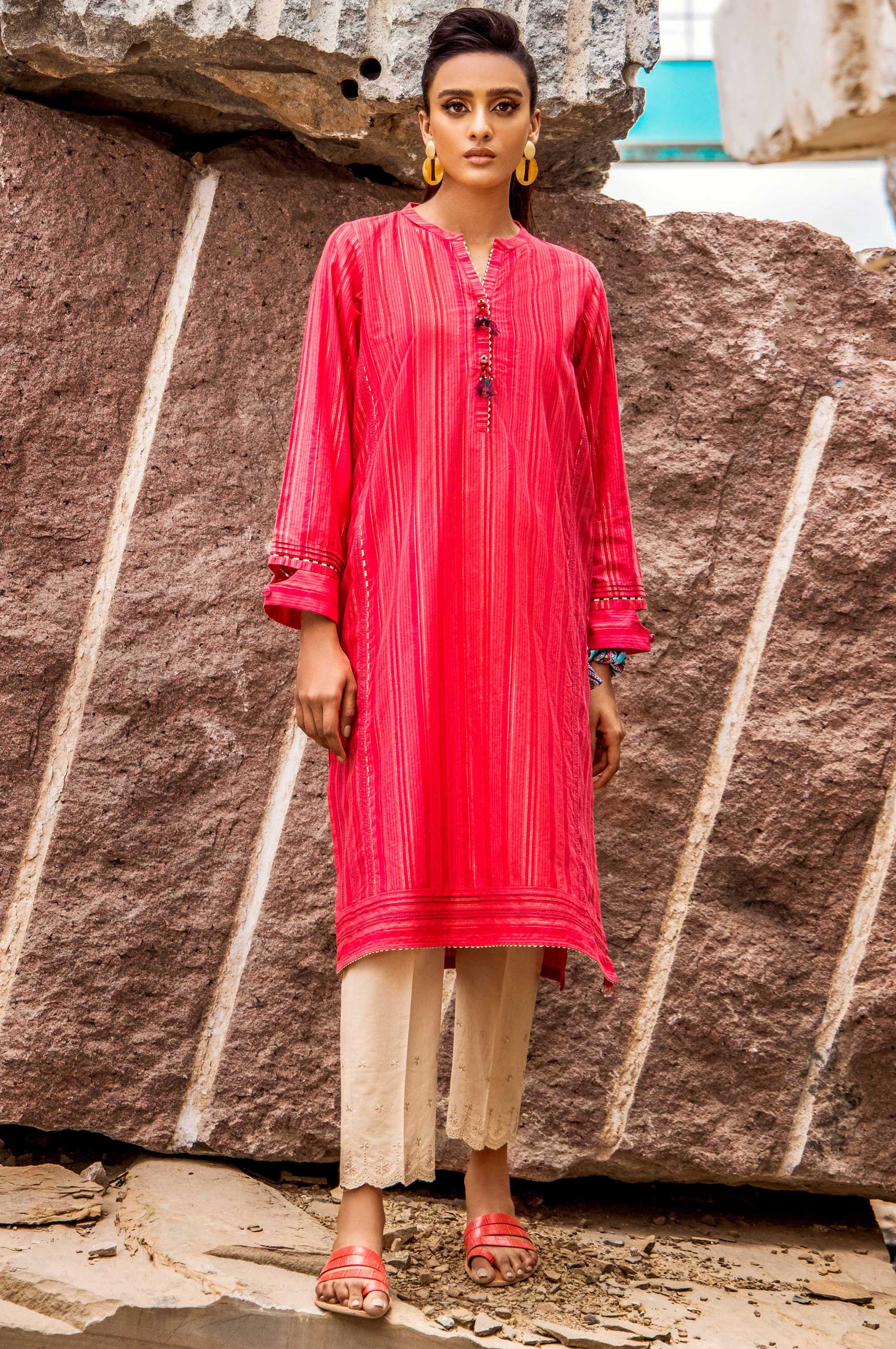Stitched 1 Piece Embroidered Yarn Dyed Stripes Shirt