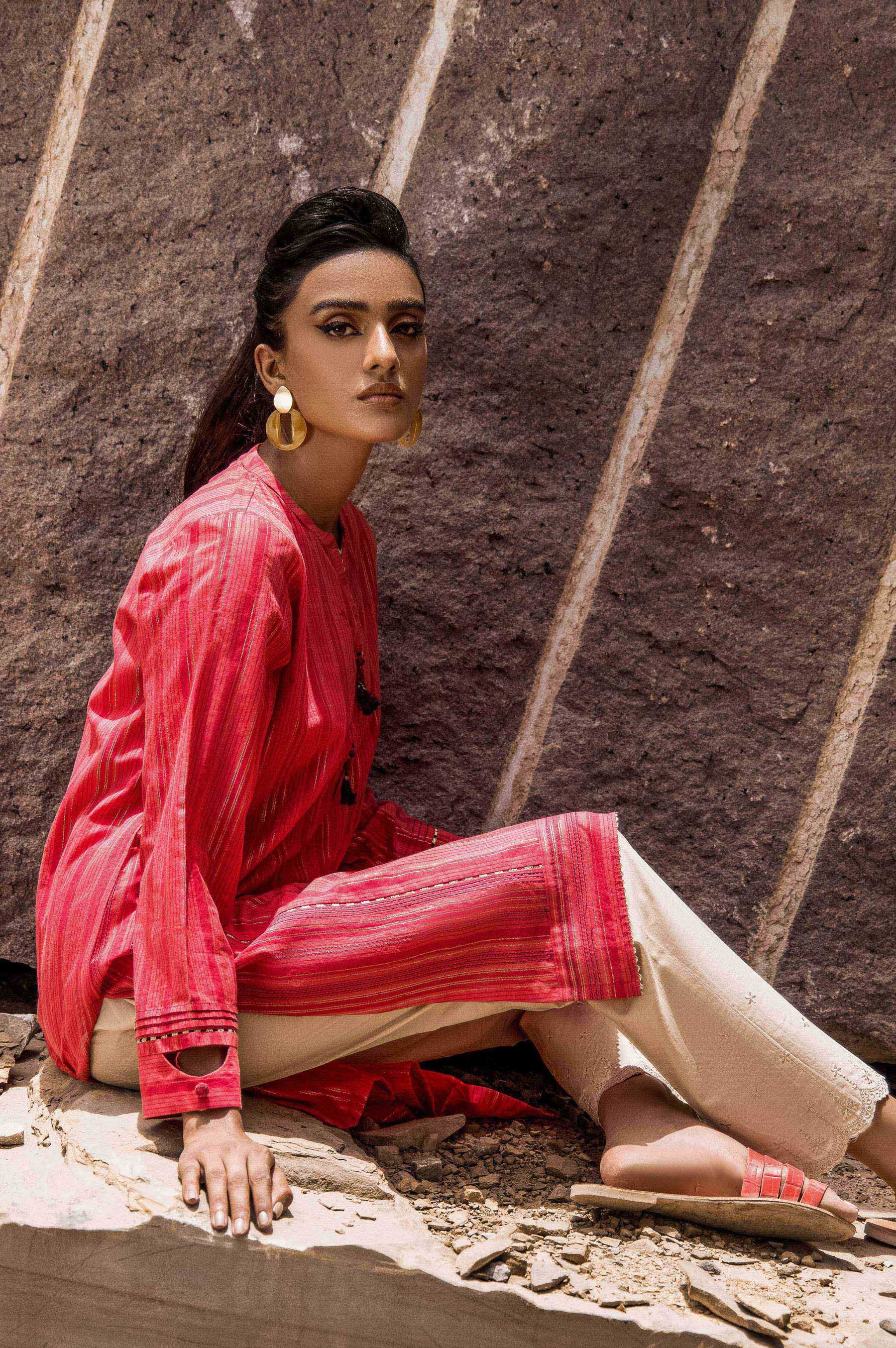 Stitched 1 Piece Embroidered Yarn Dyed Stripes Shirt - Image 3