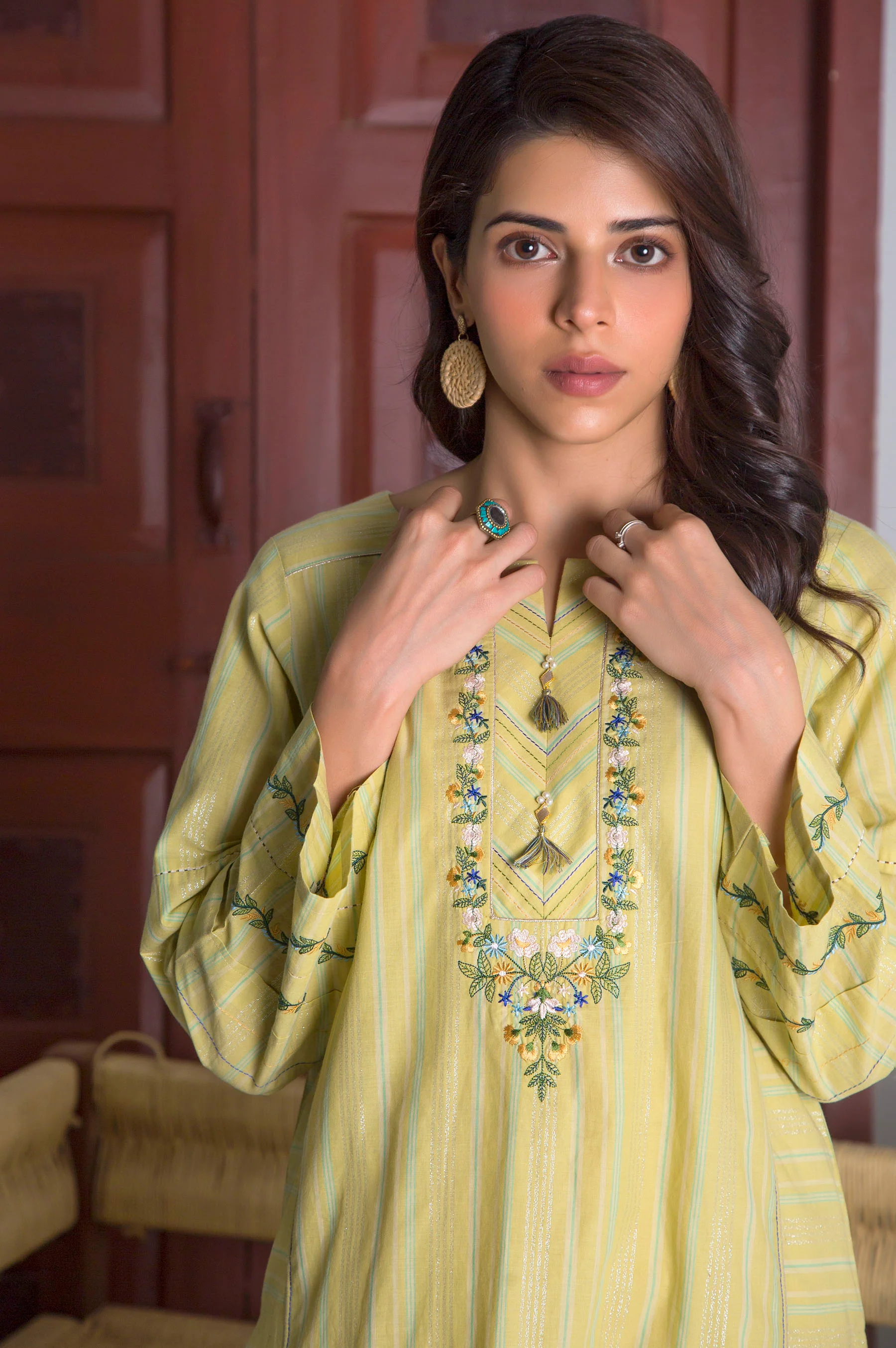 Stitched 1 Piece Yarn Dyed Stripes Embroidered Top - Image 2
