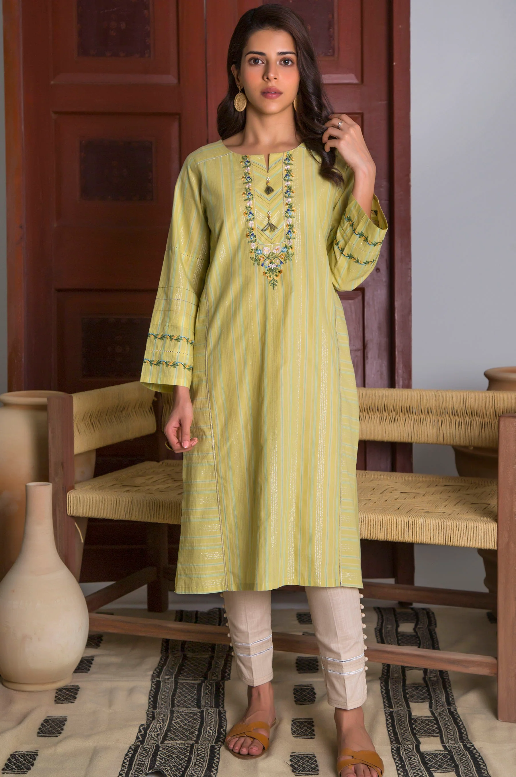Stitched 1 Piece Yarn Dyed Stripes Embroidered Top - Image 3