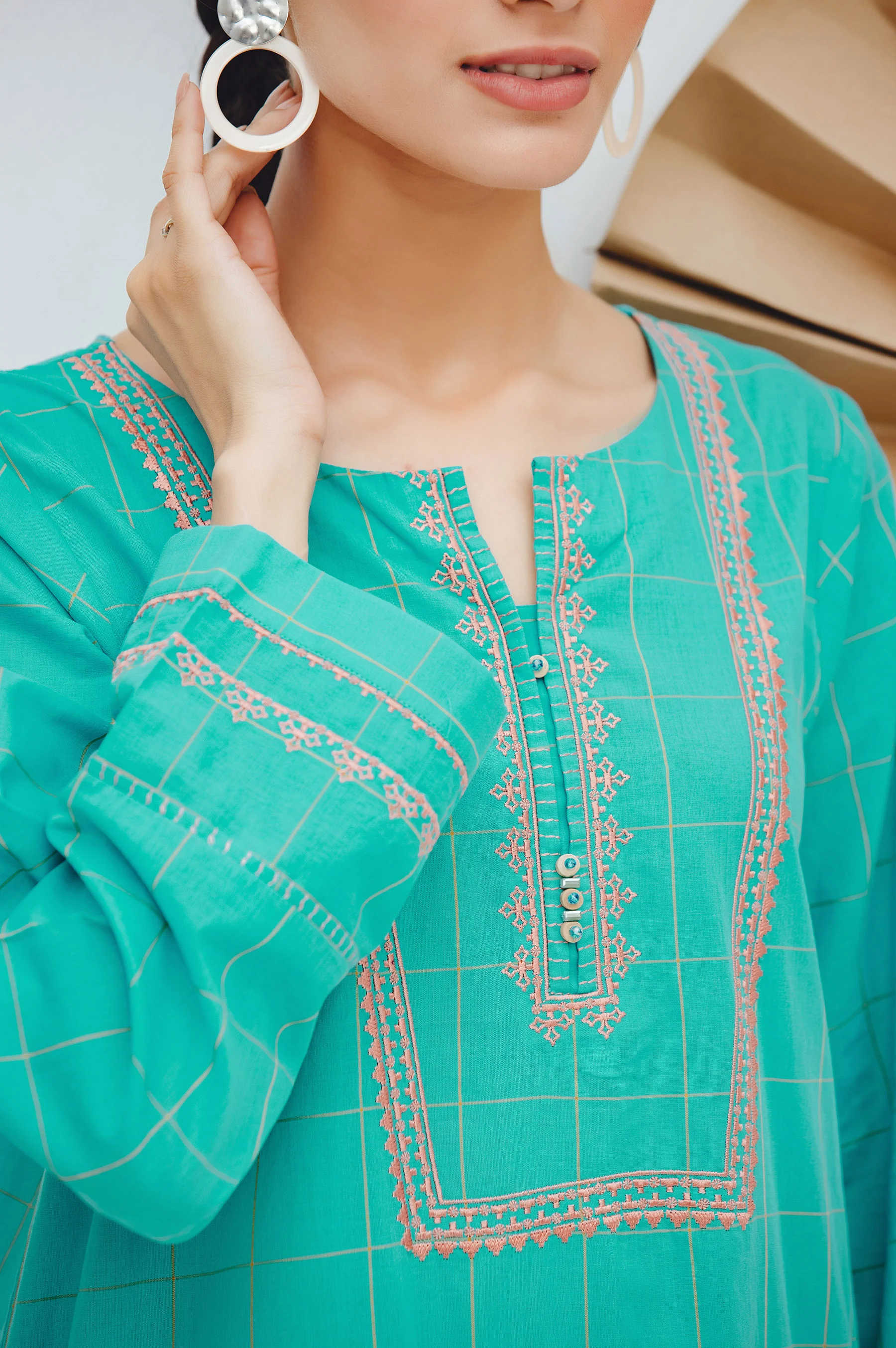 Stitched 1 Piece Embroidered Yarn Dyed Shirt - Image 5