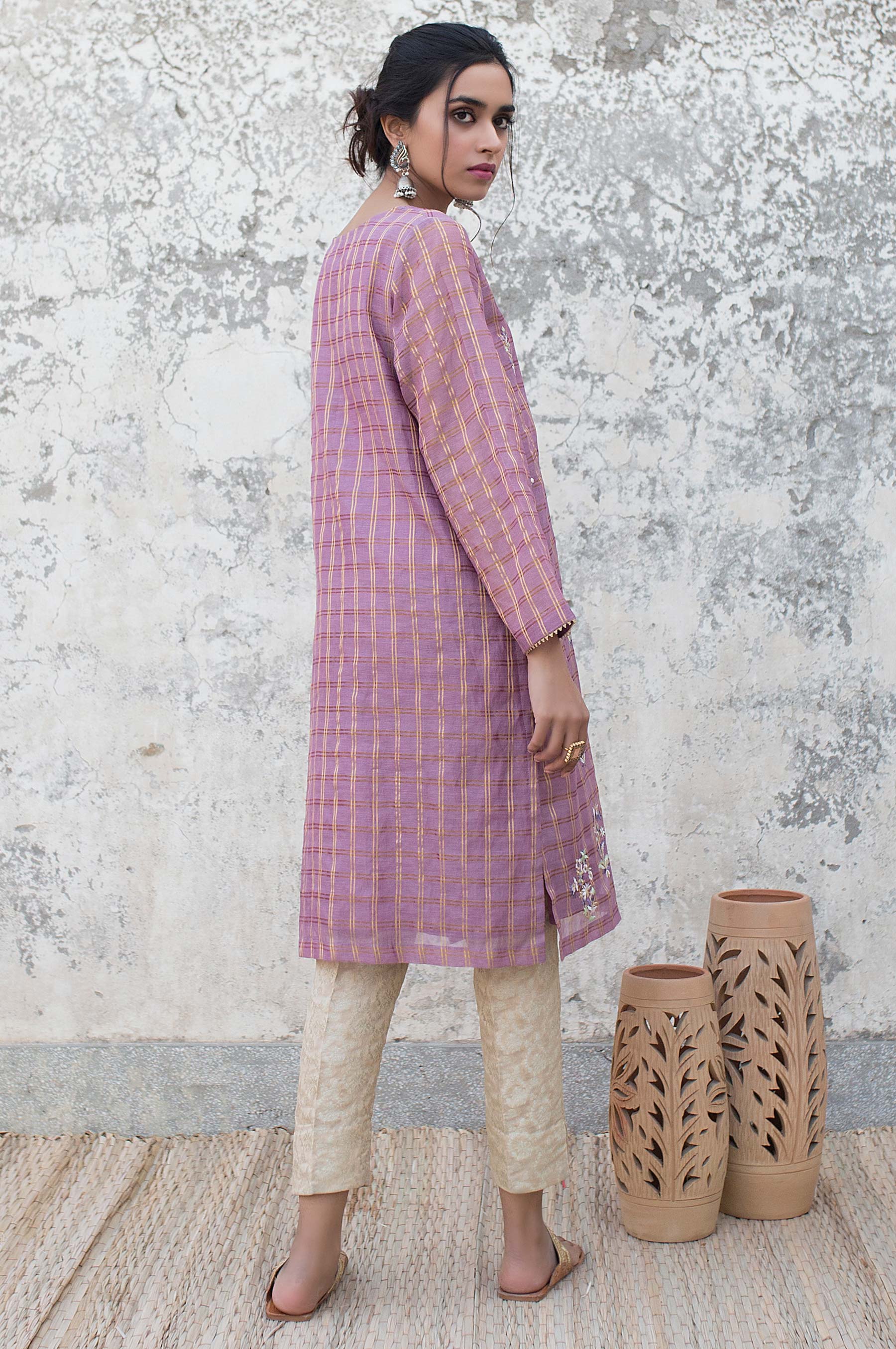 Stitched 1 Piece Zari Check Embroidered Shirt - Image 2