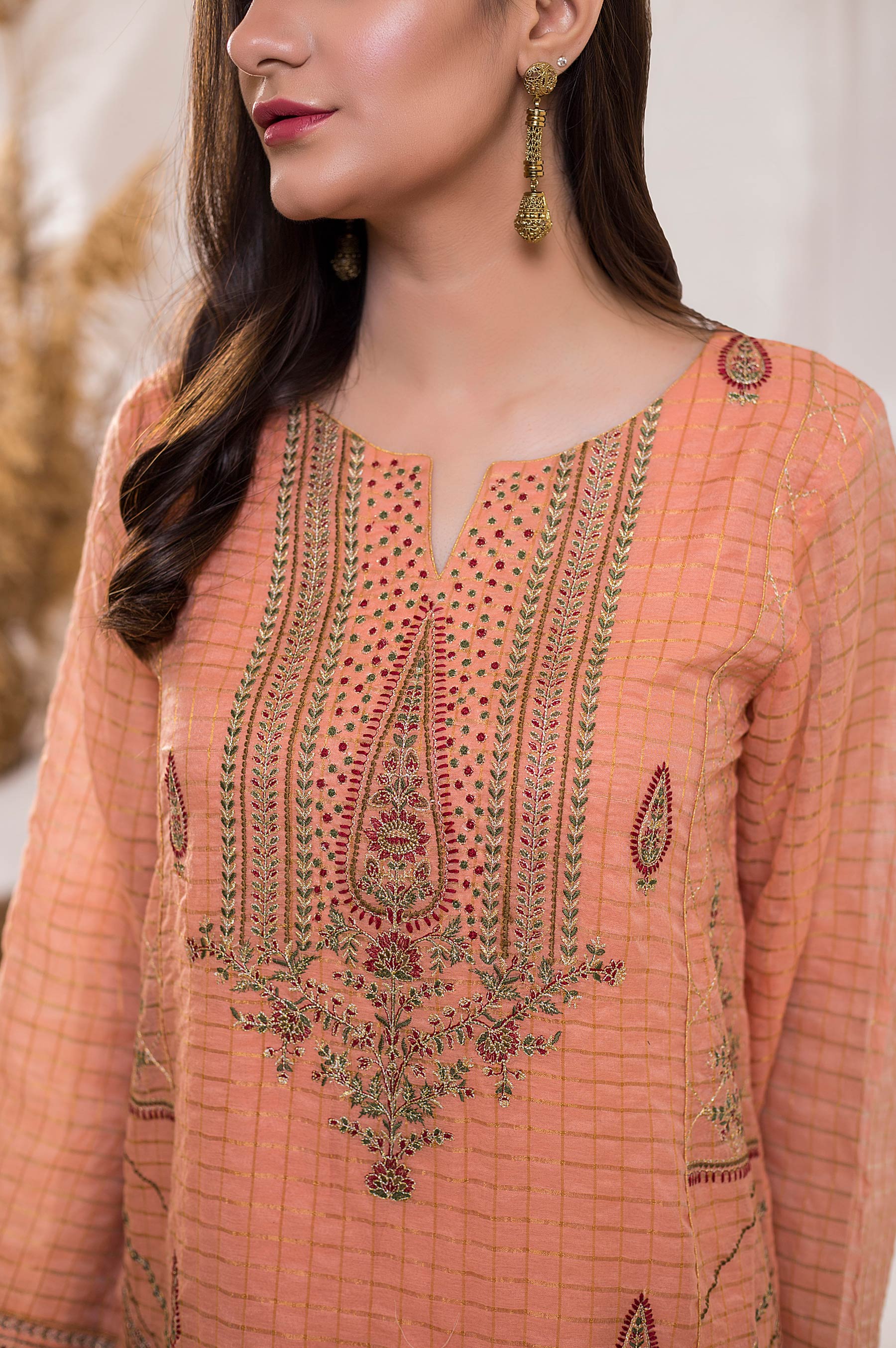 Stitched 1 Piece Zari Check Embroidered Shirt - Image 5