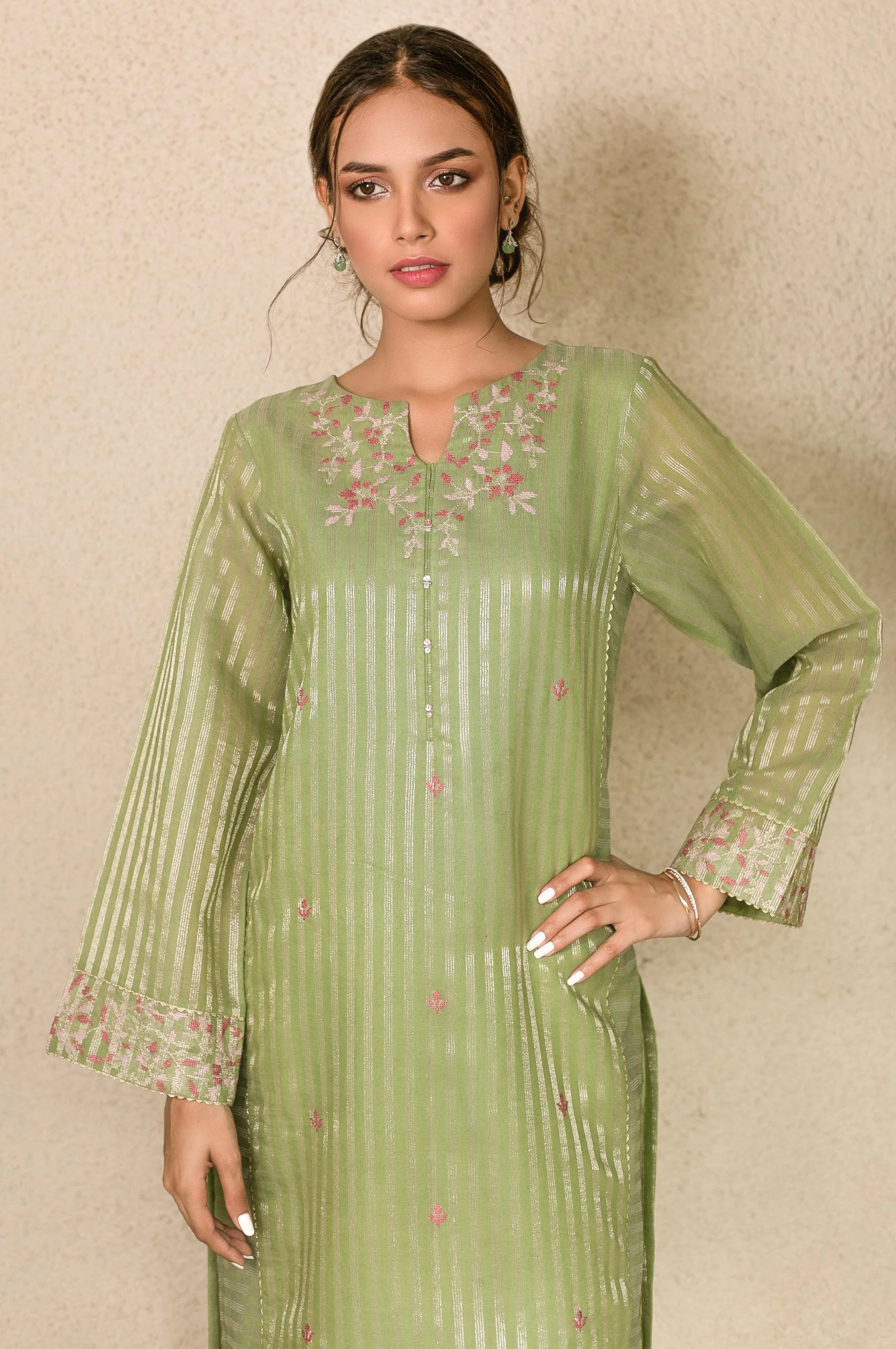 Stitched 1 Piece Zari Striped Embroidered Shirt - Image 2