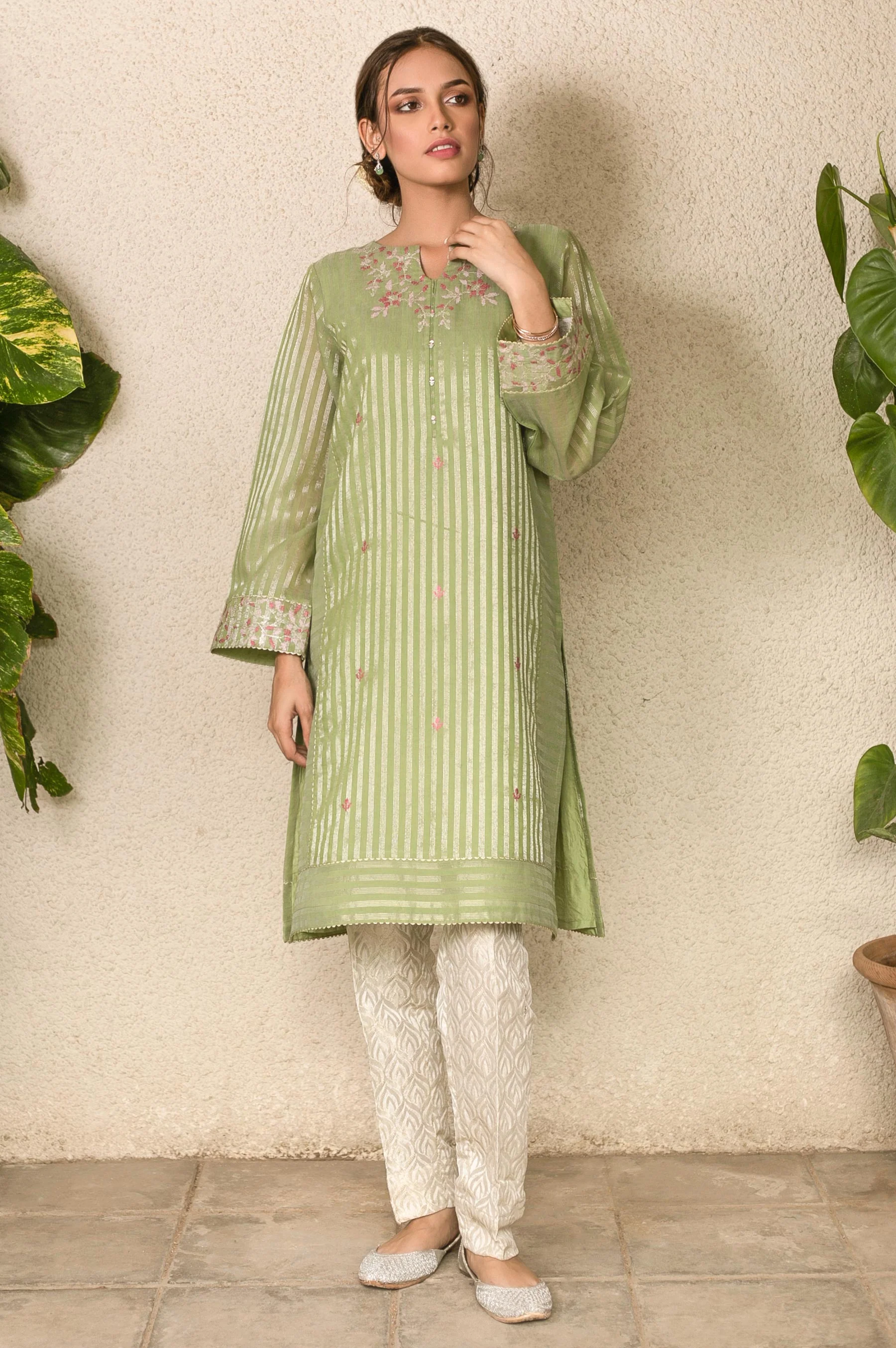 Stitched 1 Piece Zari Striped Embroidered Shirt - Image 3