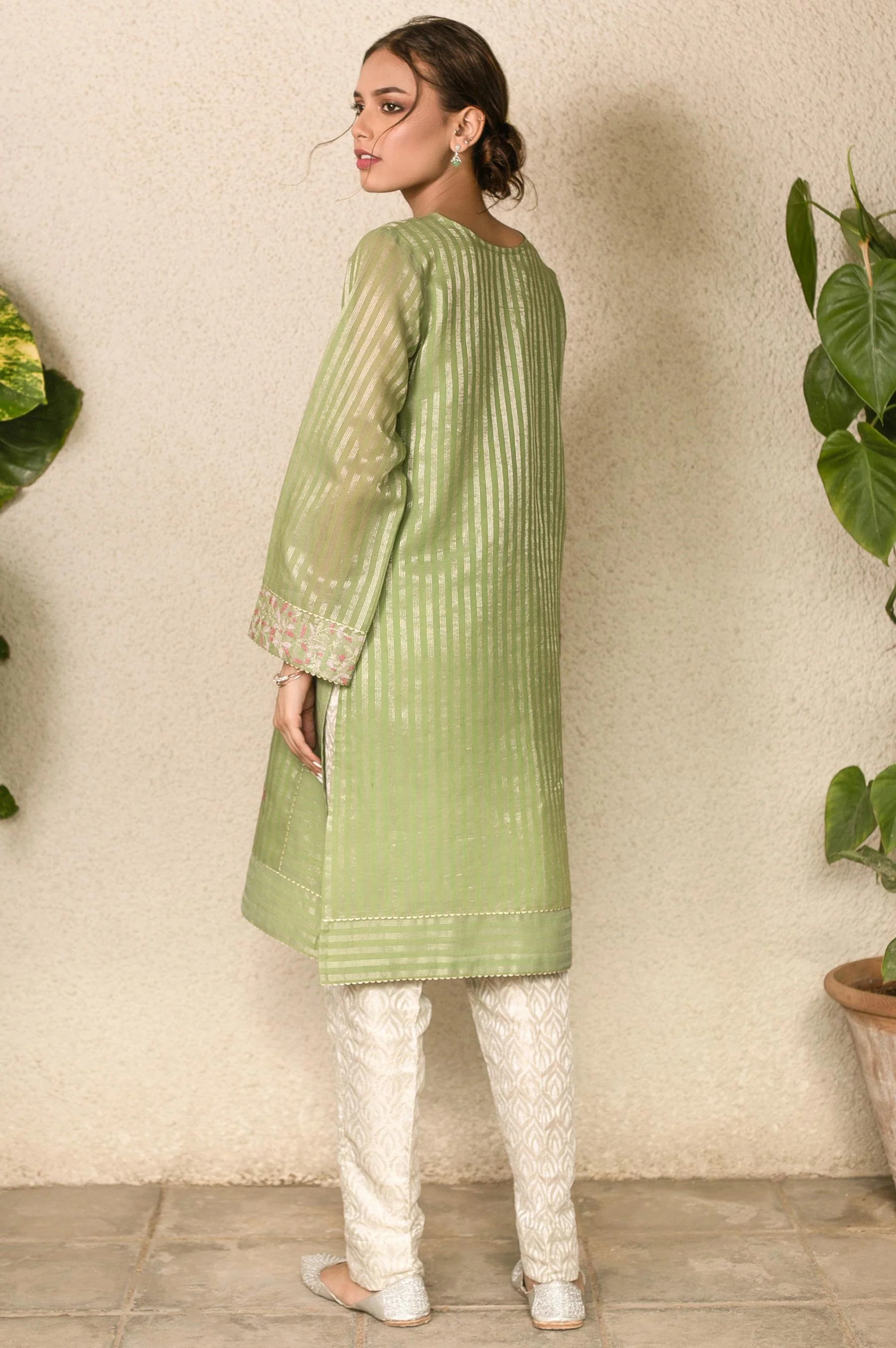 Stitched 1 Piece Zari Striped Embroidered Shirt - Image 5
