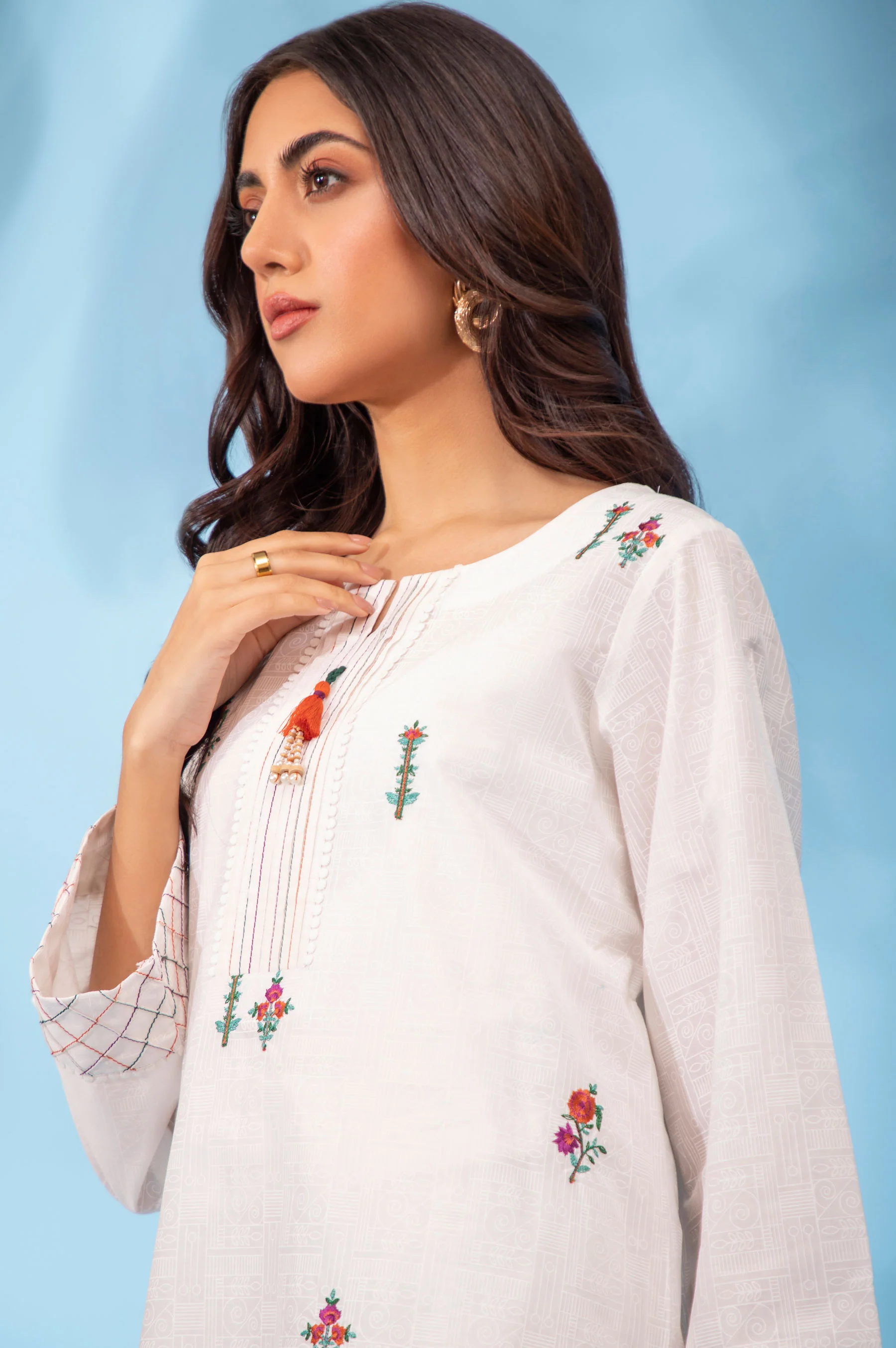 Stitched 2 Piece White Paste Embroidered Suit - Image 3