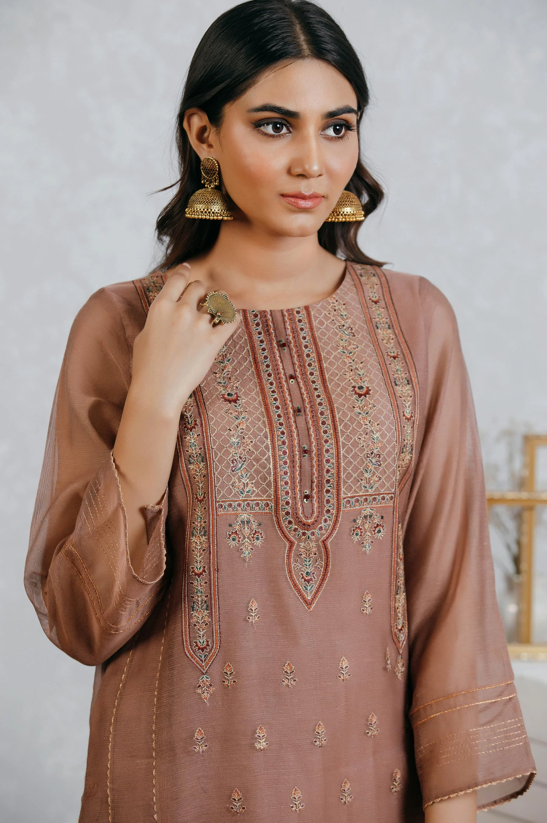 Stitched 2 Piece Cotton net Embroidered Suit