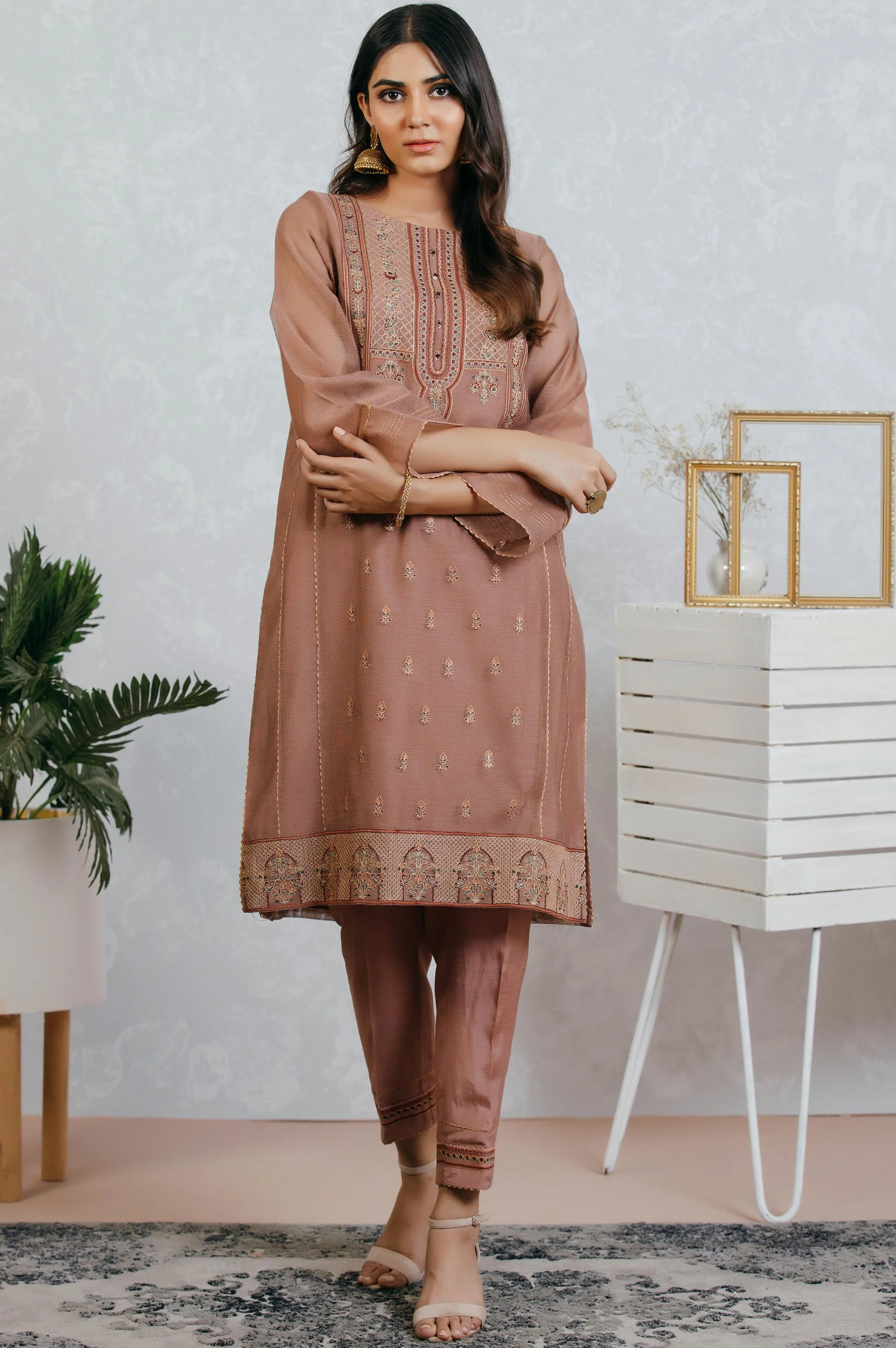 Stitched 2 Piece Cotton net Embroidered Suit - Image 2