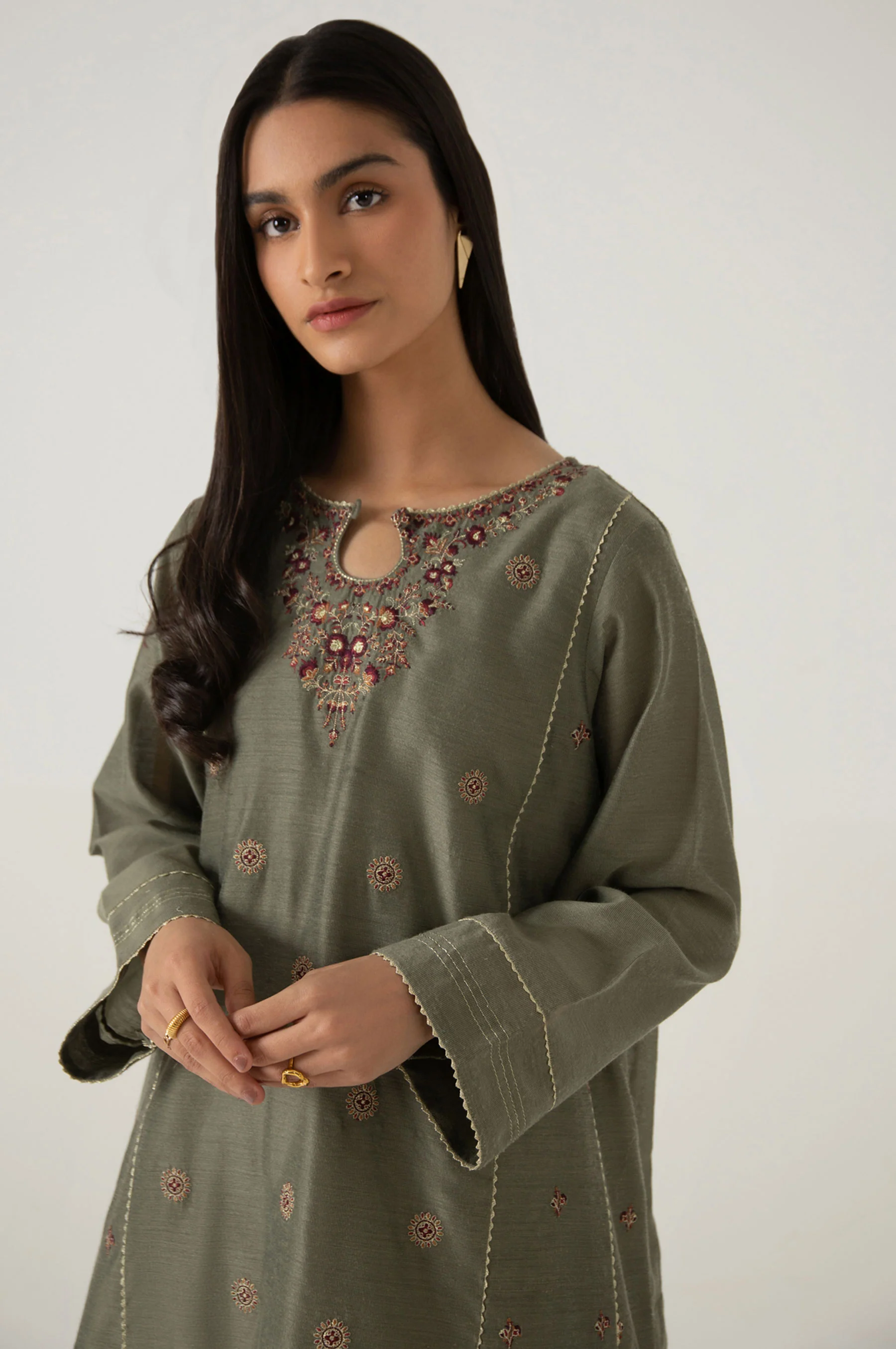 Stitched 2 Piece Cotton Net Embroidered Suit - Image 3