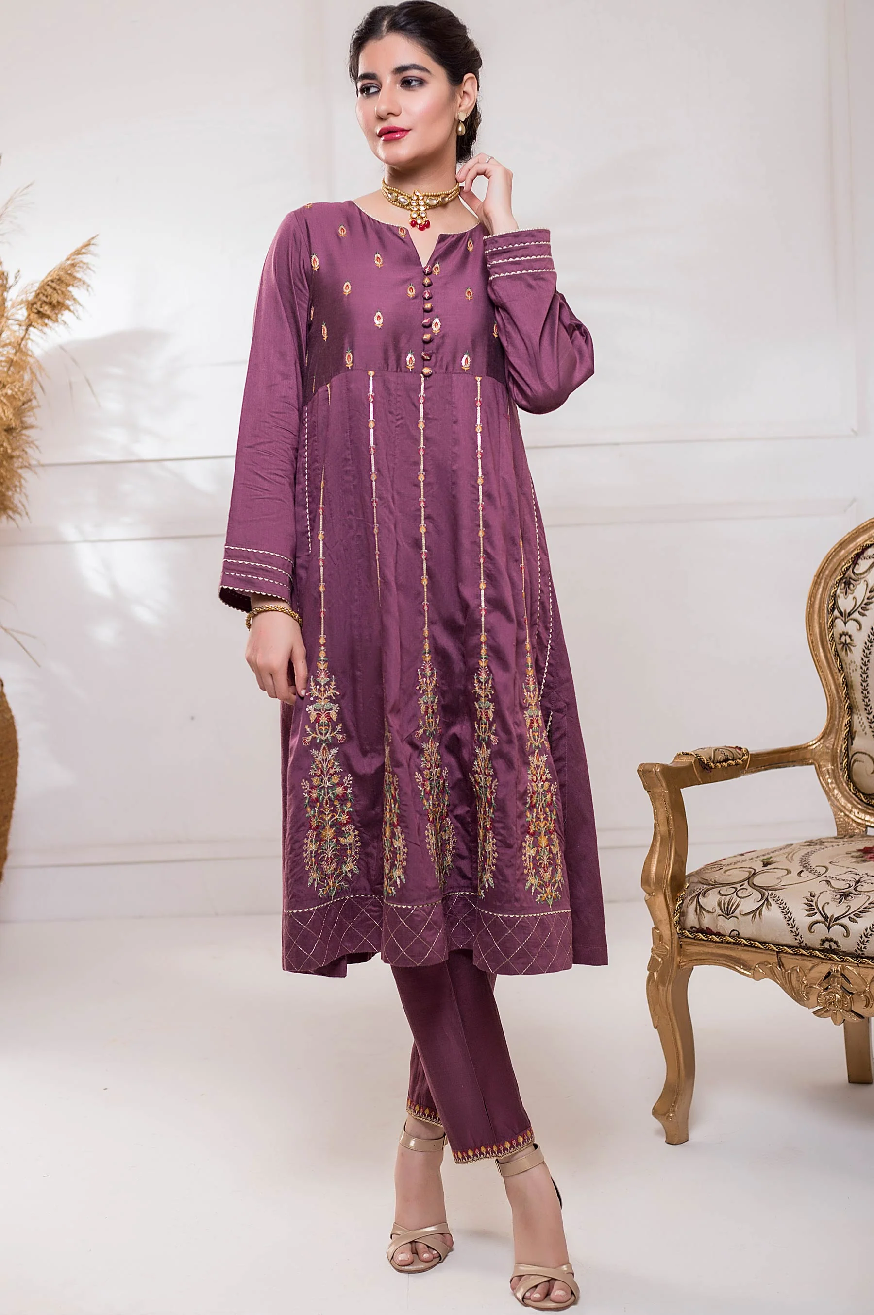 Stitched 2 Piece Cotton Silk Embroidered Suit - Image 3