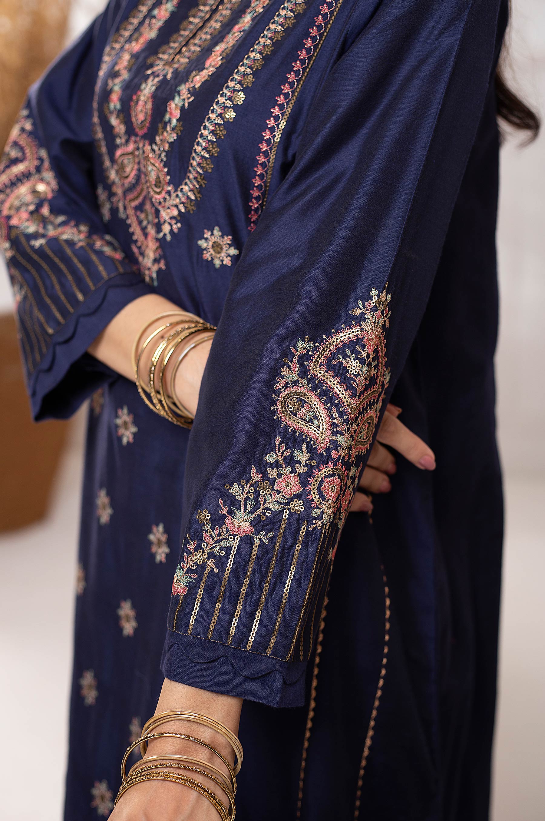 Stitched 2 Piece Cotton Silk Embroidered Suit - Image 4
