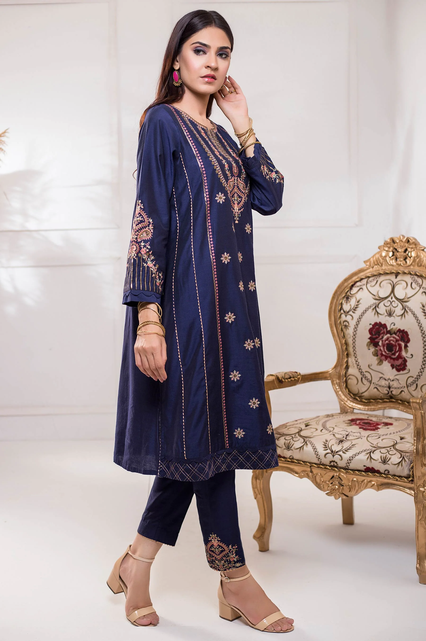 Stitched 2 Piece Cotton Silk Embroidered Suit - Image 5