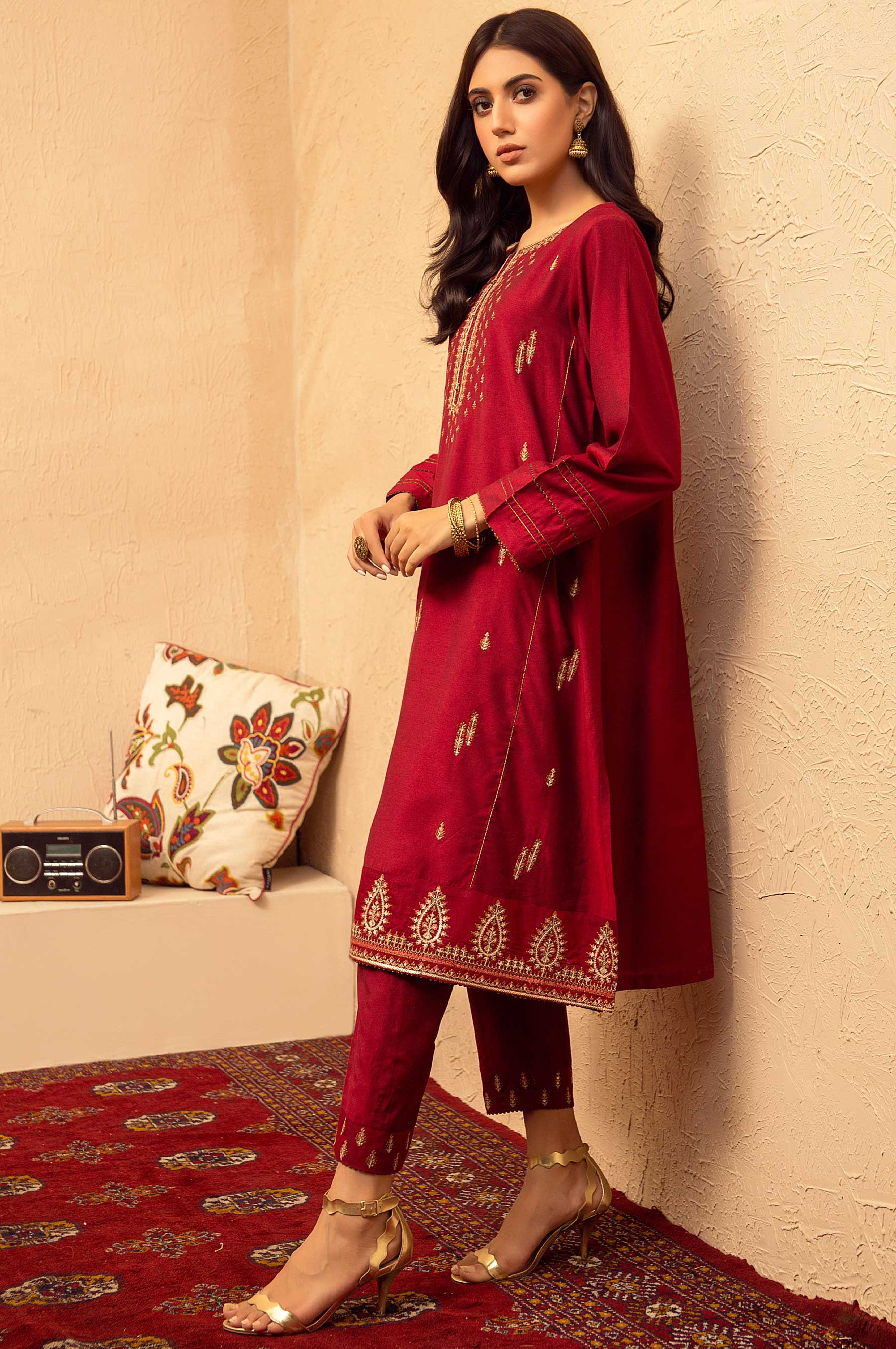 Stitched 2 Piece Cotton Silk Embroidered Suit - Image 3