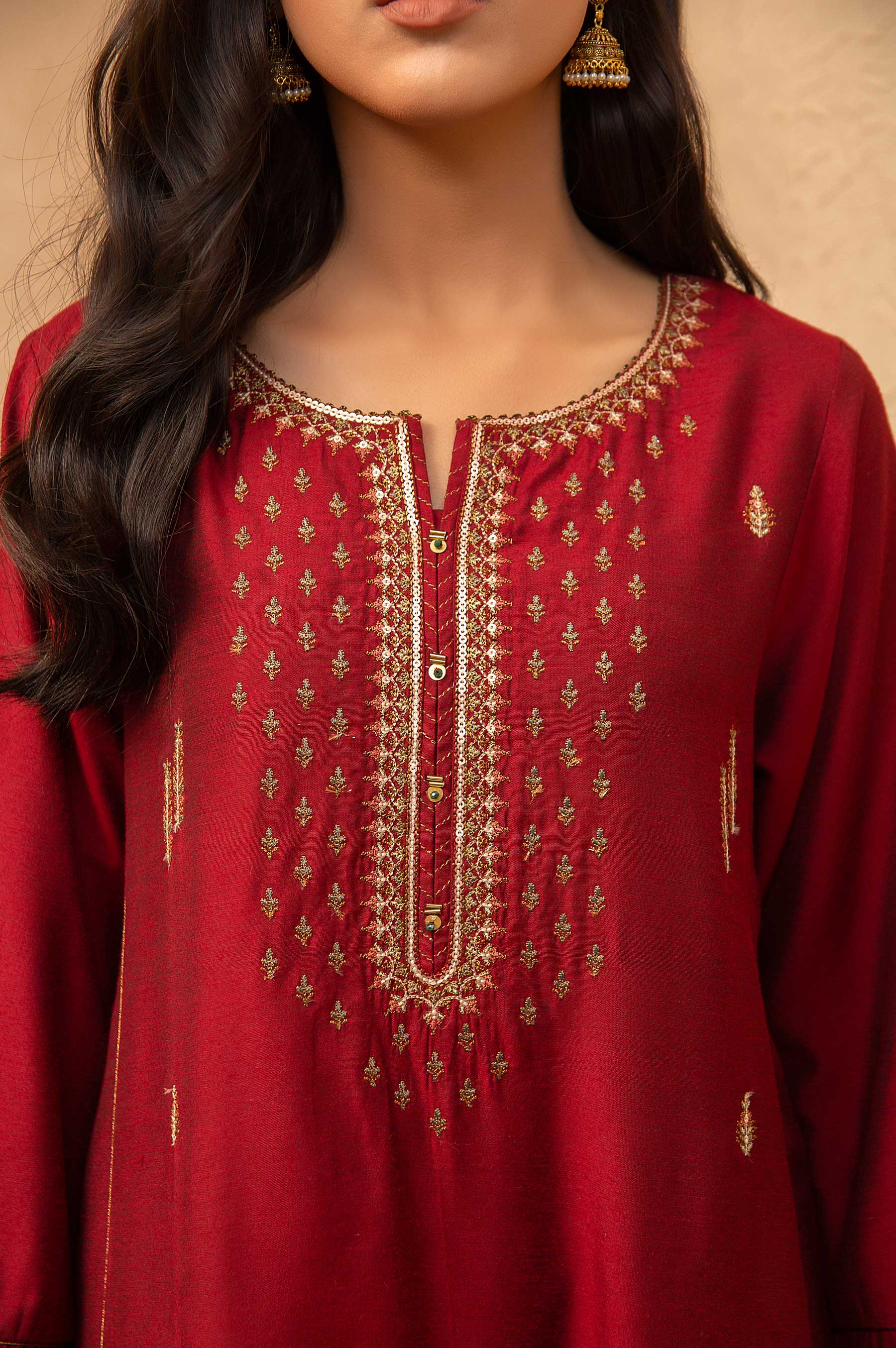 Stitched 2 Piece Cotton Silk Embroidered Suit - Image 4